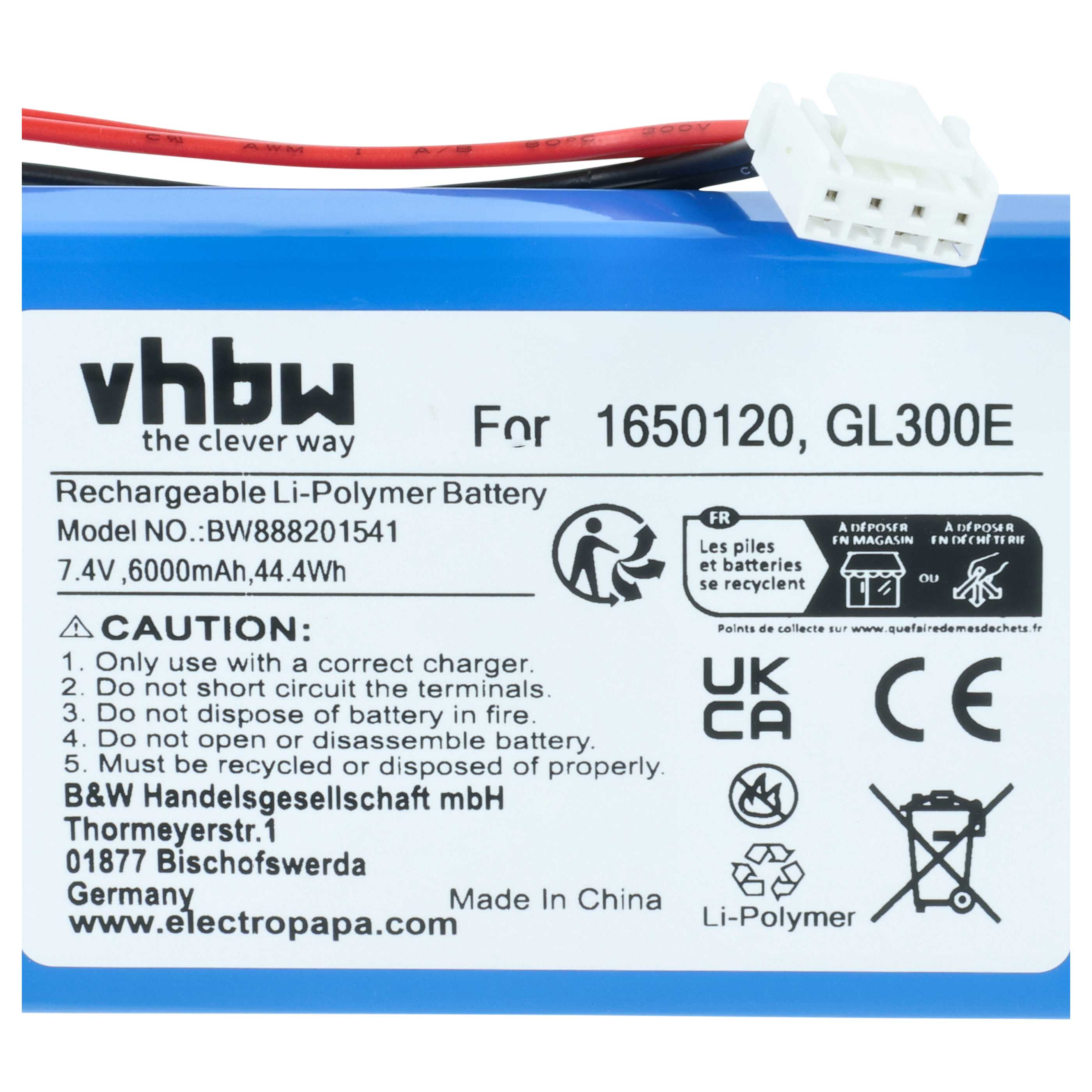 Blauer Li-Polymer-Akku mit Kabeln, weißem Stecker und Warnhinweisen.