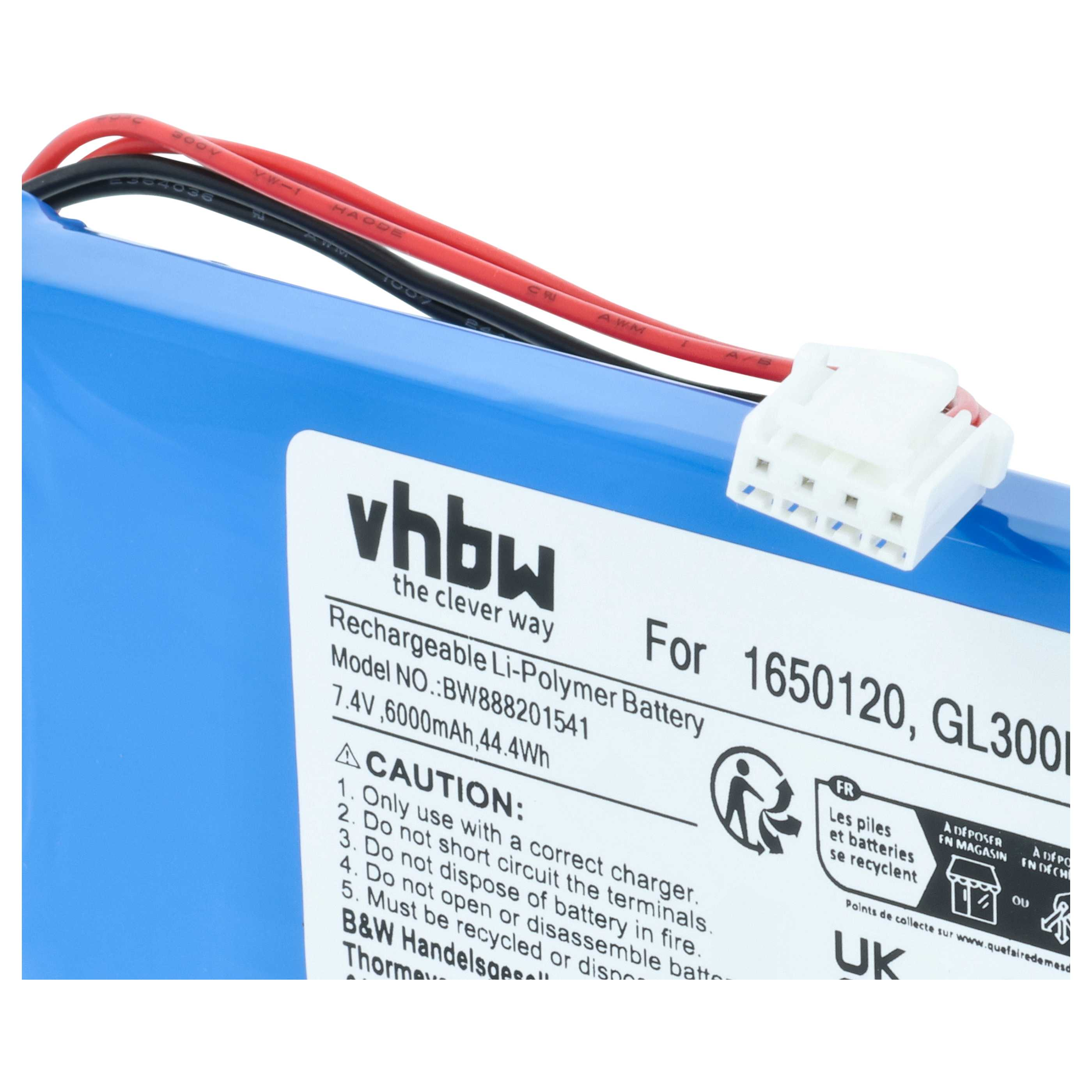 Blaue Li-Polymer-Batterie mit Kabeln und weißem Stecker. Marke vhbw, 7,4V, 6000mAh.