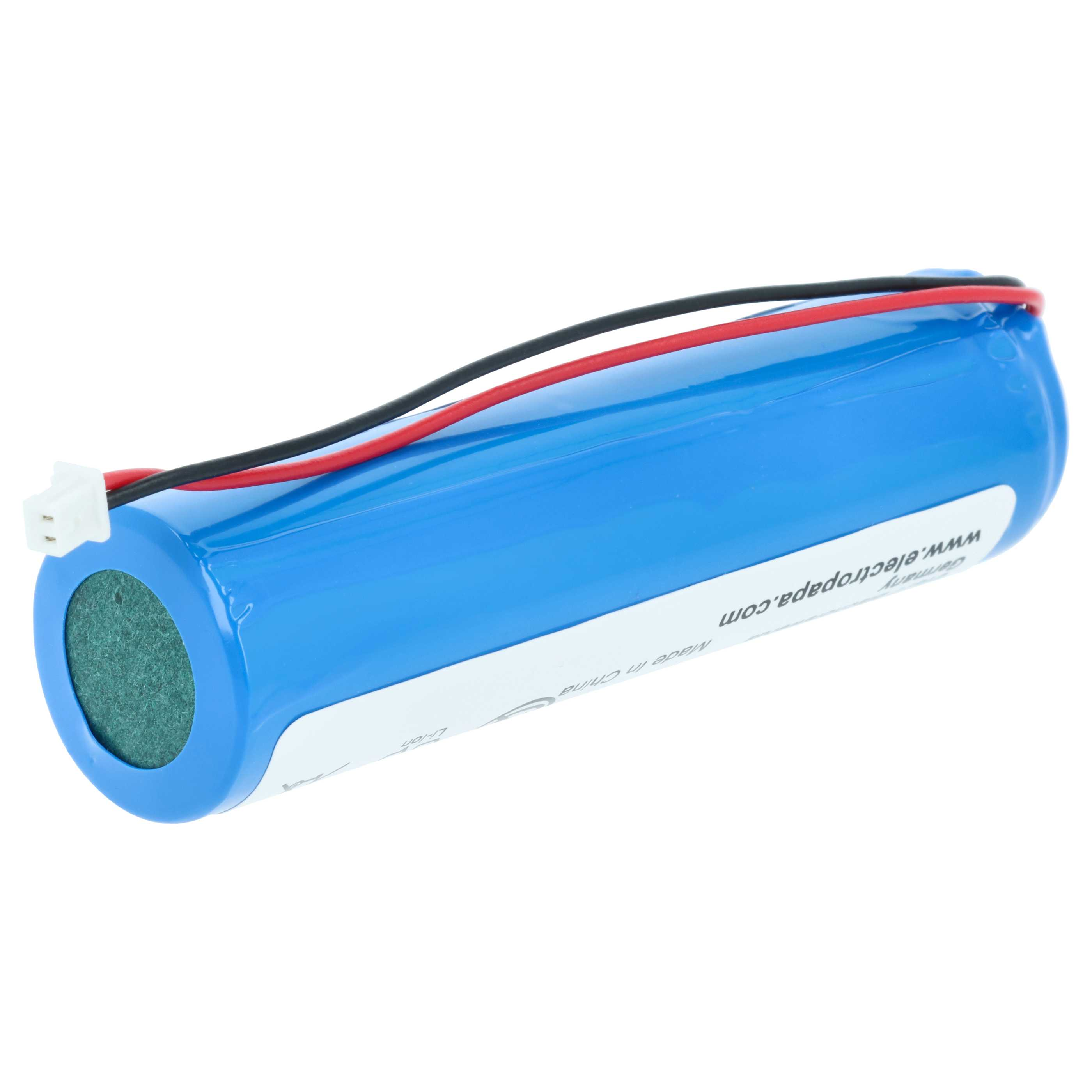Eine blaue Batterie mit roten und schwarzen Kabeln und einem weißen Stecker.