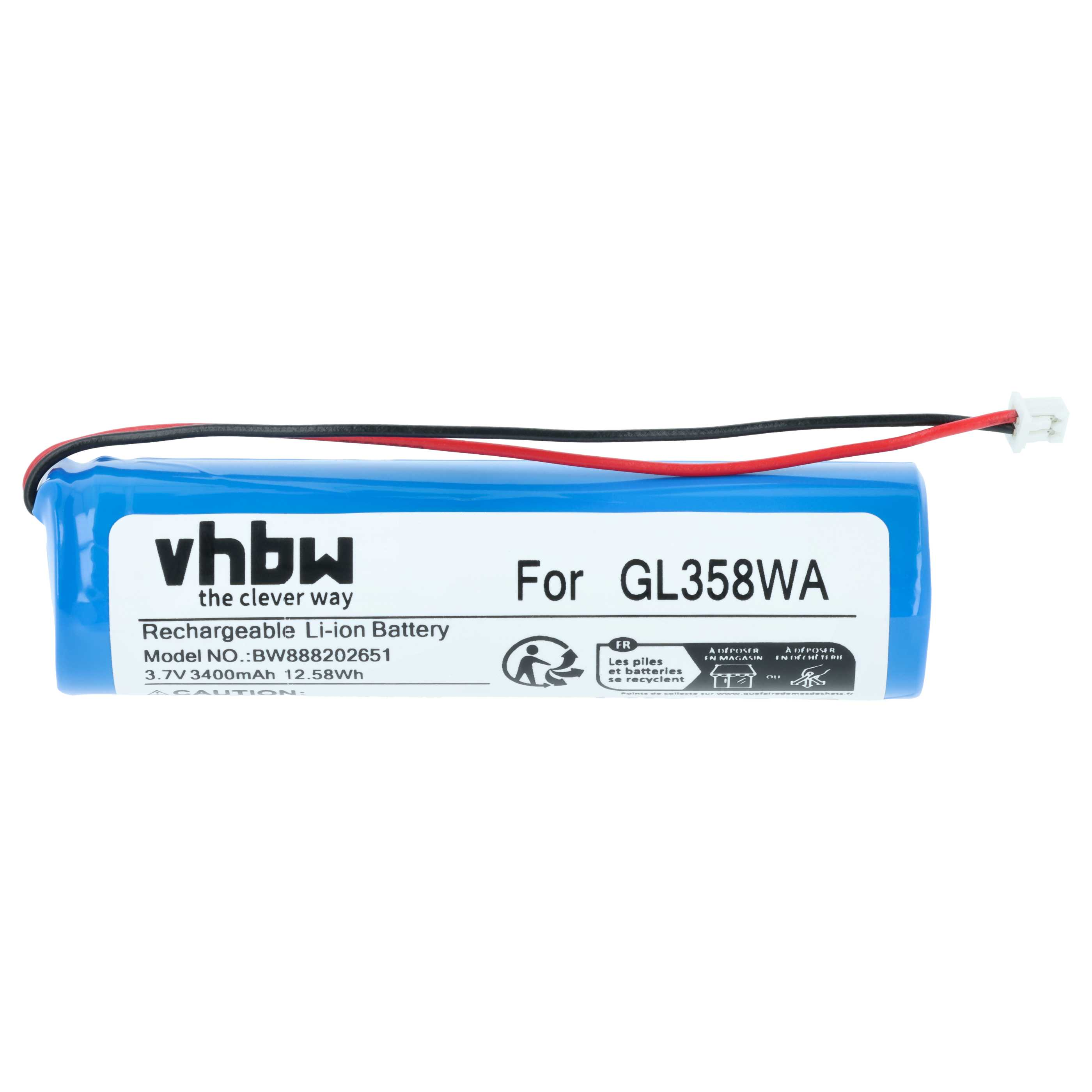 Ein blaues vhbw Li-Ionen-Akku für GL358WA mit Kabeln und Anschluss.