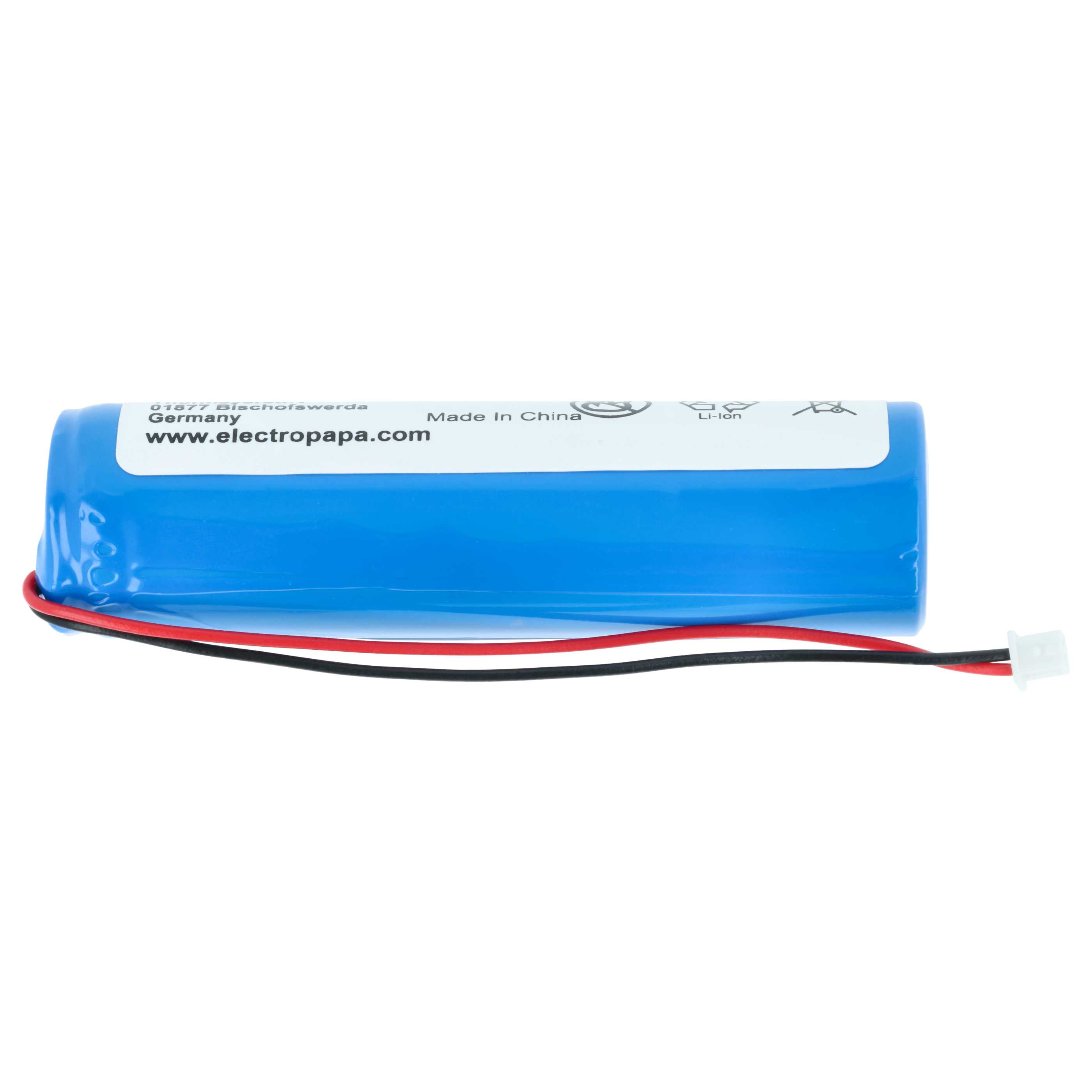 Eine blaue Batterie mit roten und schwarzen Kabeln und einem weißen Stecker.