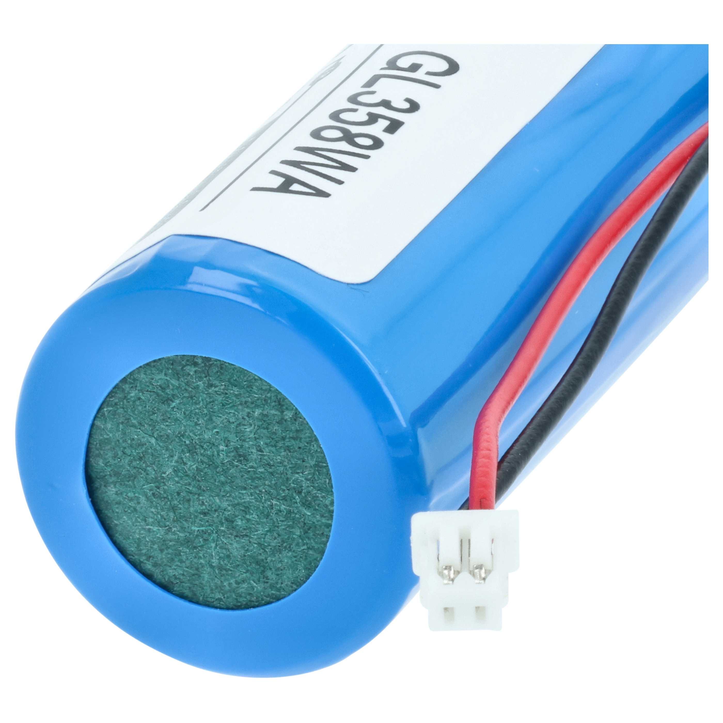 Blauer Akku mit grüner Vorderseite, Kabeln und einem weißen Stecker.