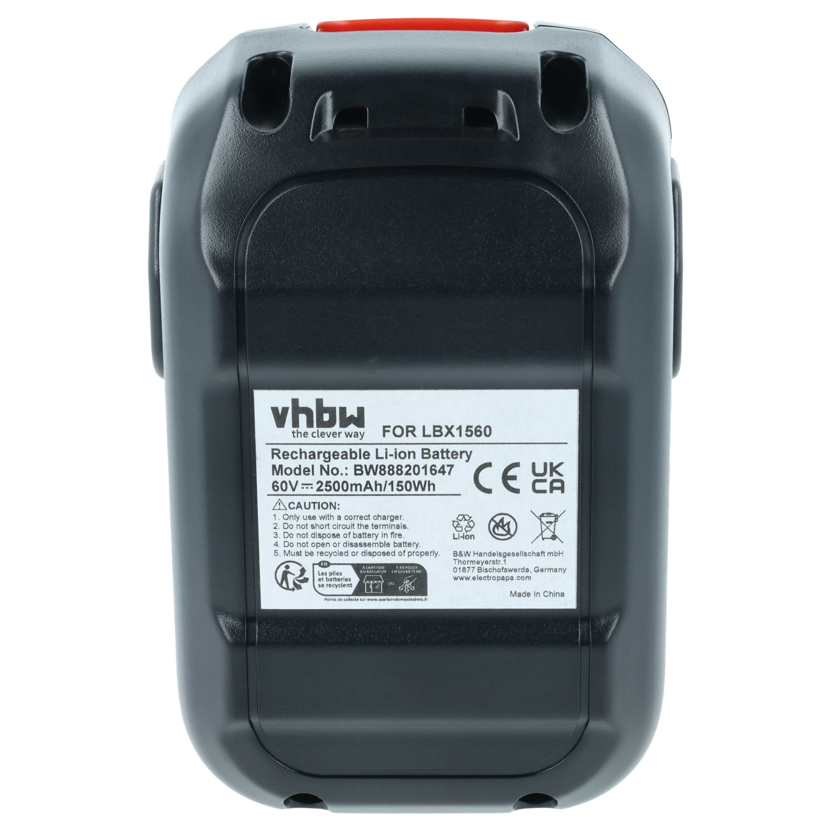 Schwarzer Li-Ionen-Akku für LBX1560, 60V, 2500mAh, mit Warnsymbolen.