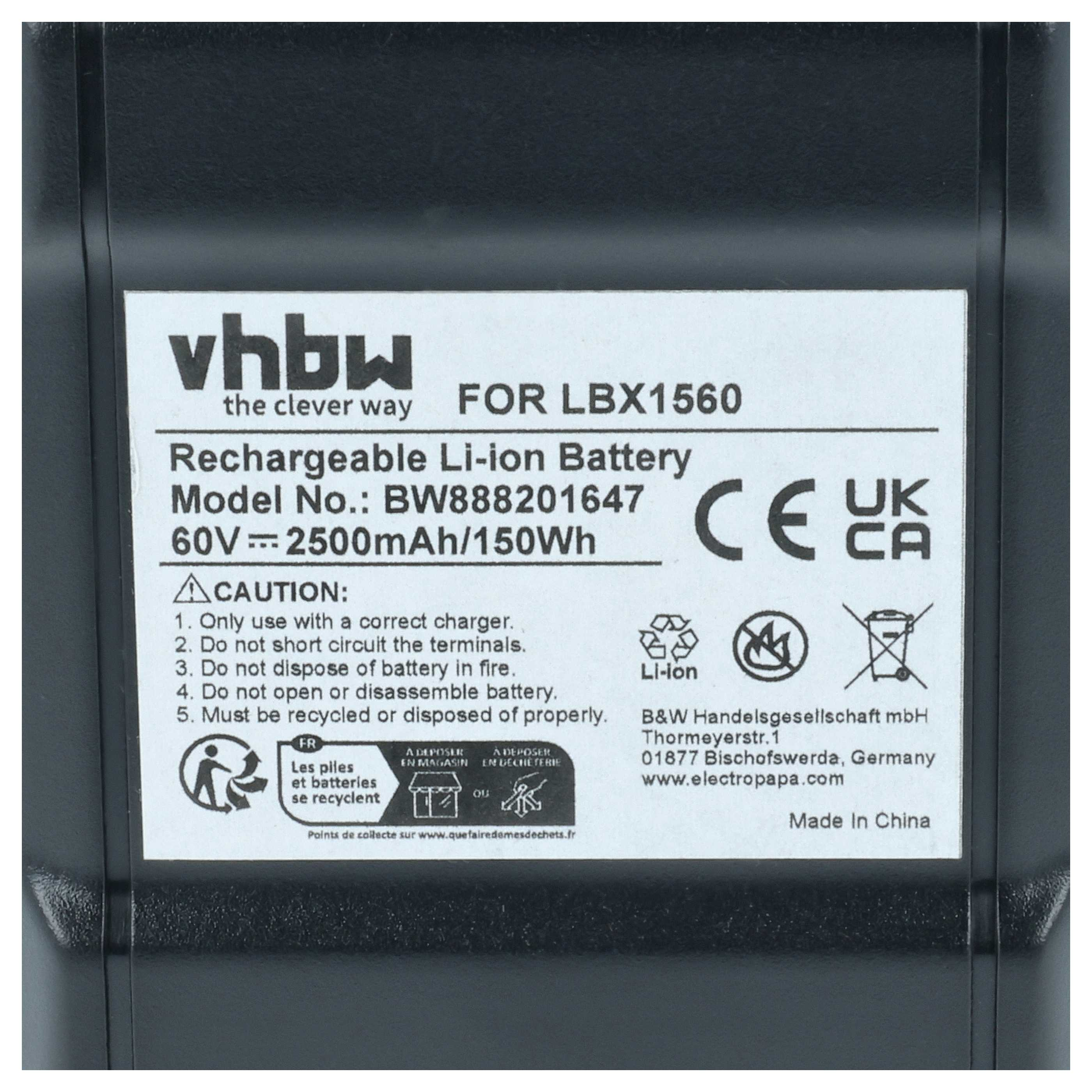 Etikett einer 60V 2500mAh Li-Ionen-Batterie für LBX1560.