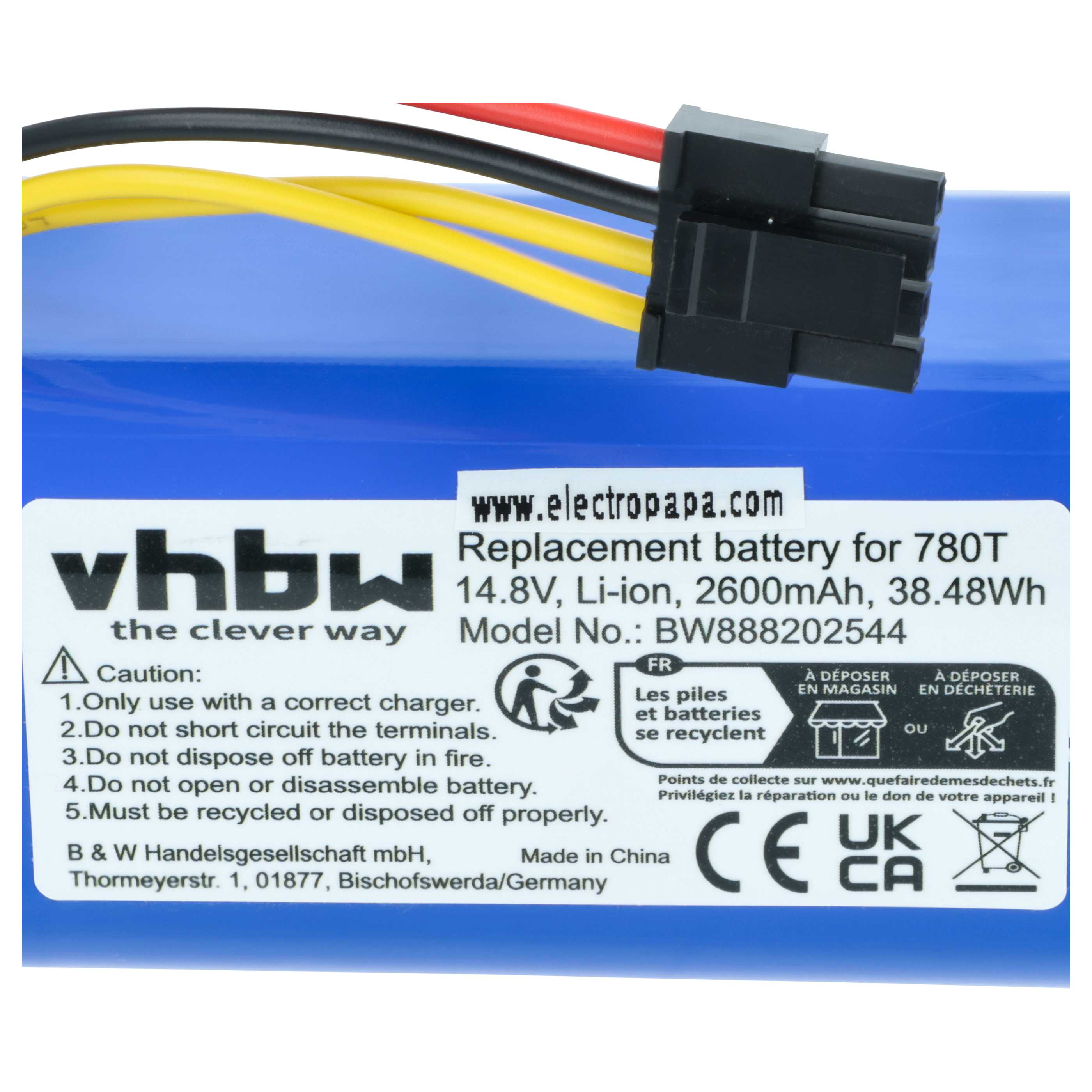 Ein blauer Akku mit schwarzen, gelben und roten Kabeln und einem schwarzen Stecker.
