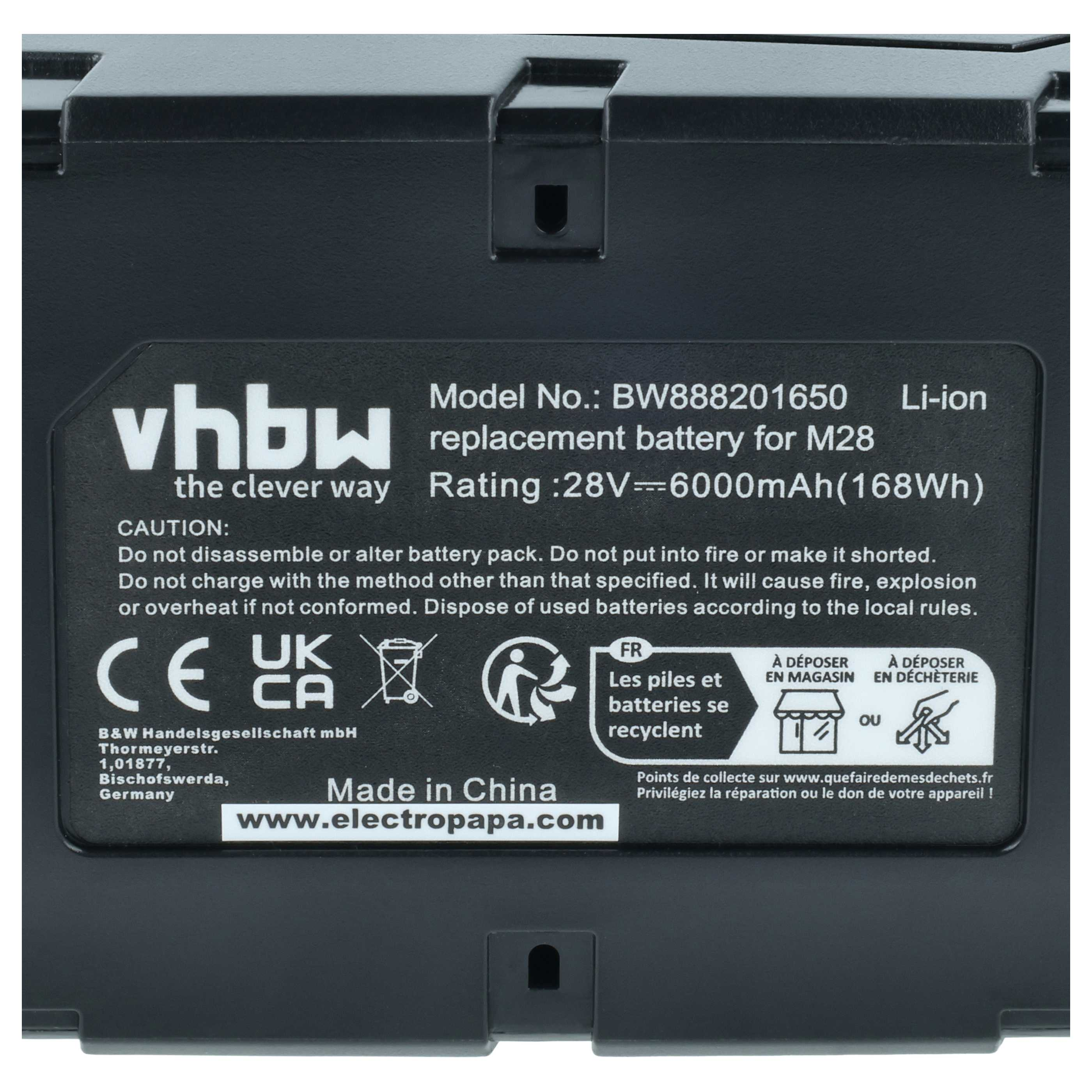 Schwarzer Li-Ion Akku mit Modellnummer BW888201650, 28V, 6000mAh.