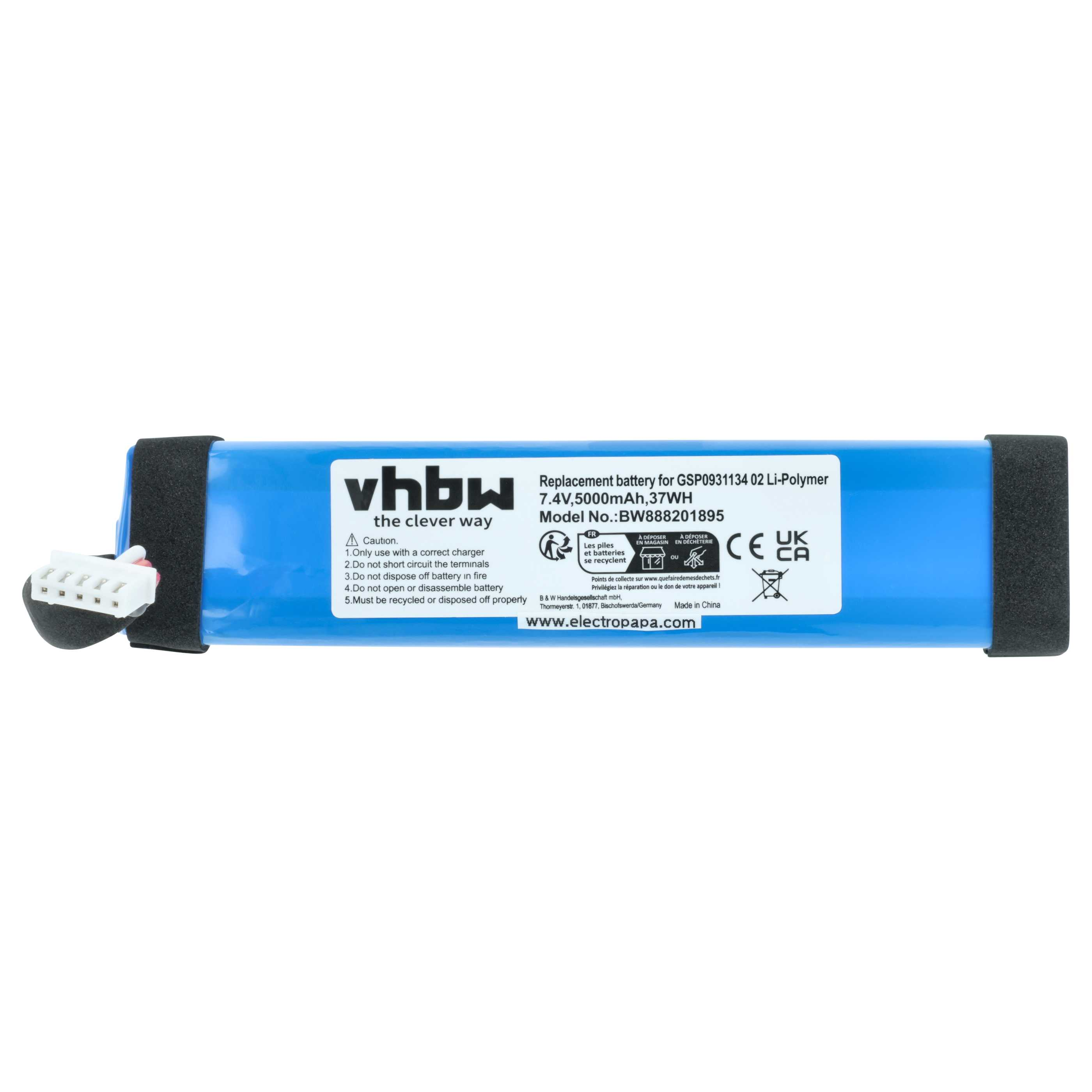 Blauer Li-Polymer Akku mit weißem Stecker und Warnhinweisen.
