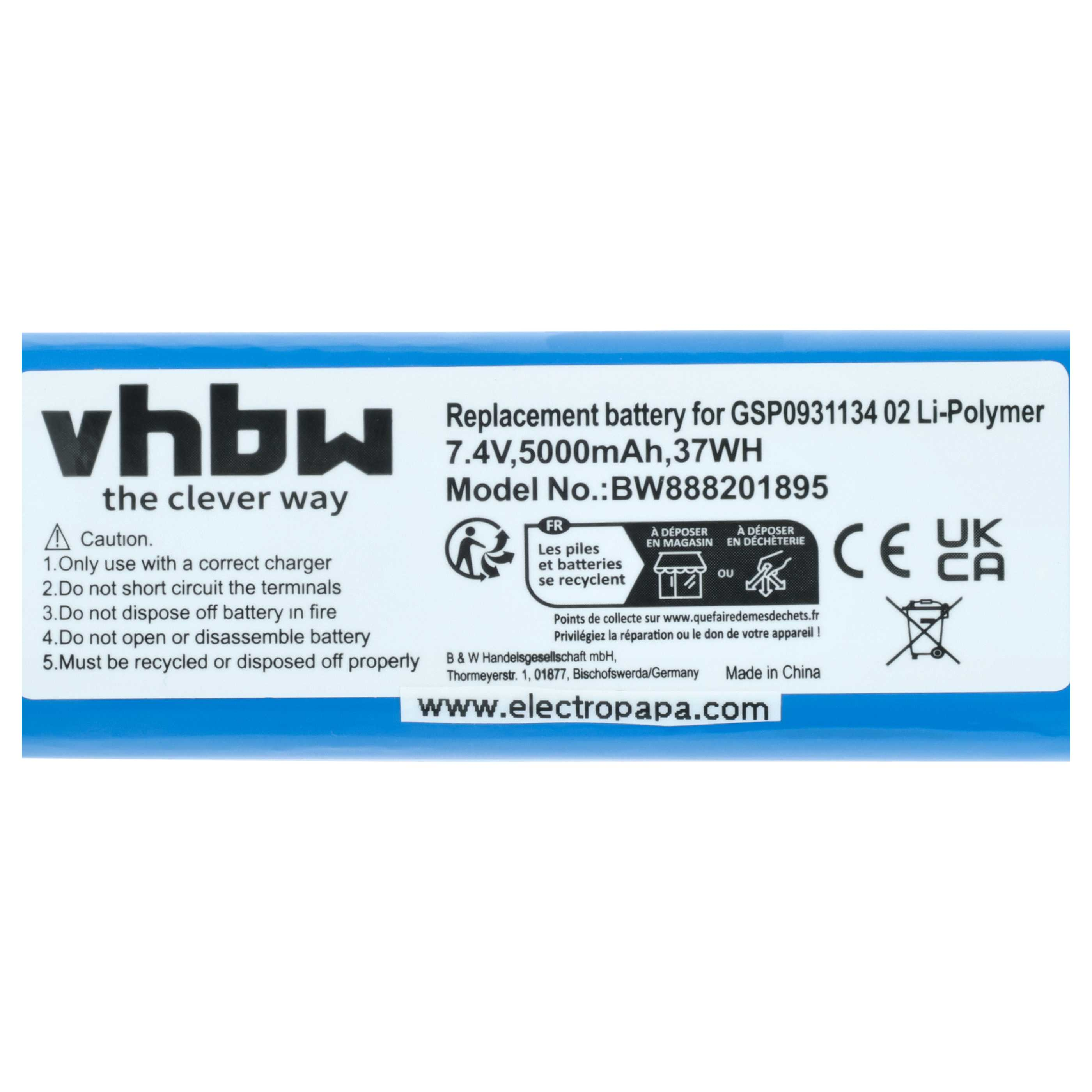 Ersatzakku für GSP0931134 02 Li-Polymer, 7.4V, 5000mAh, 37WH.
