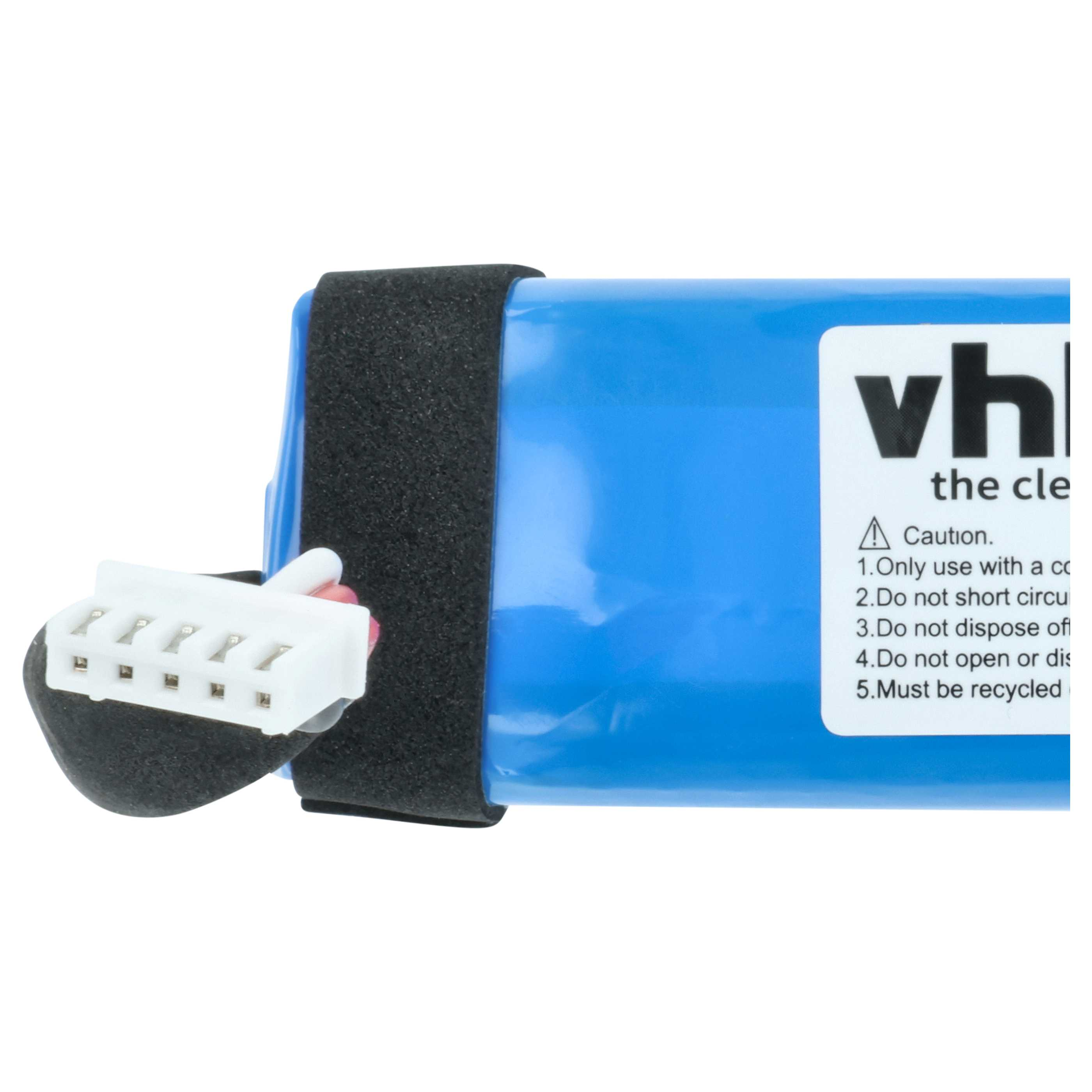 Ein blaues Akkupack mit schwarzem Klettband und weißem Stecker.