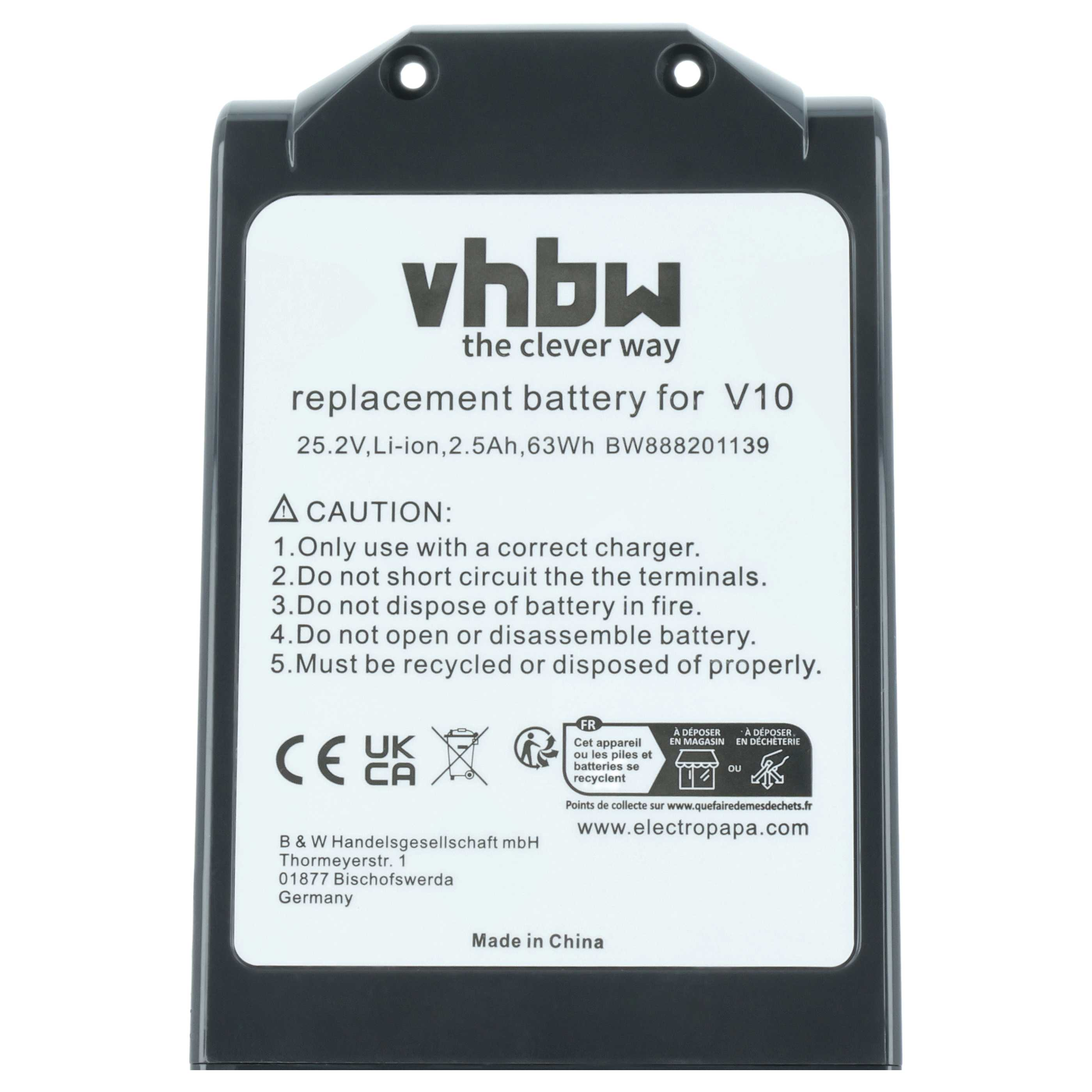 Schwarzer Akku für V10 von vhbw, 25.2V, Li-ion, mit Warnhinweisen.