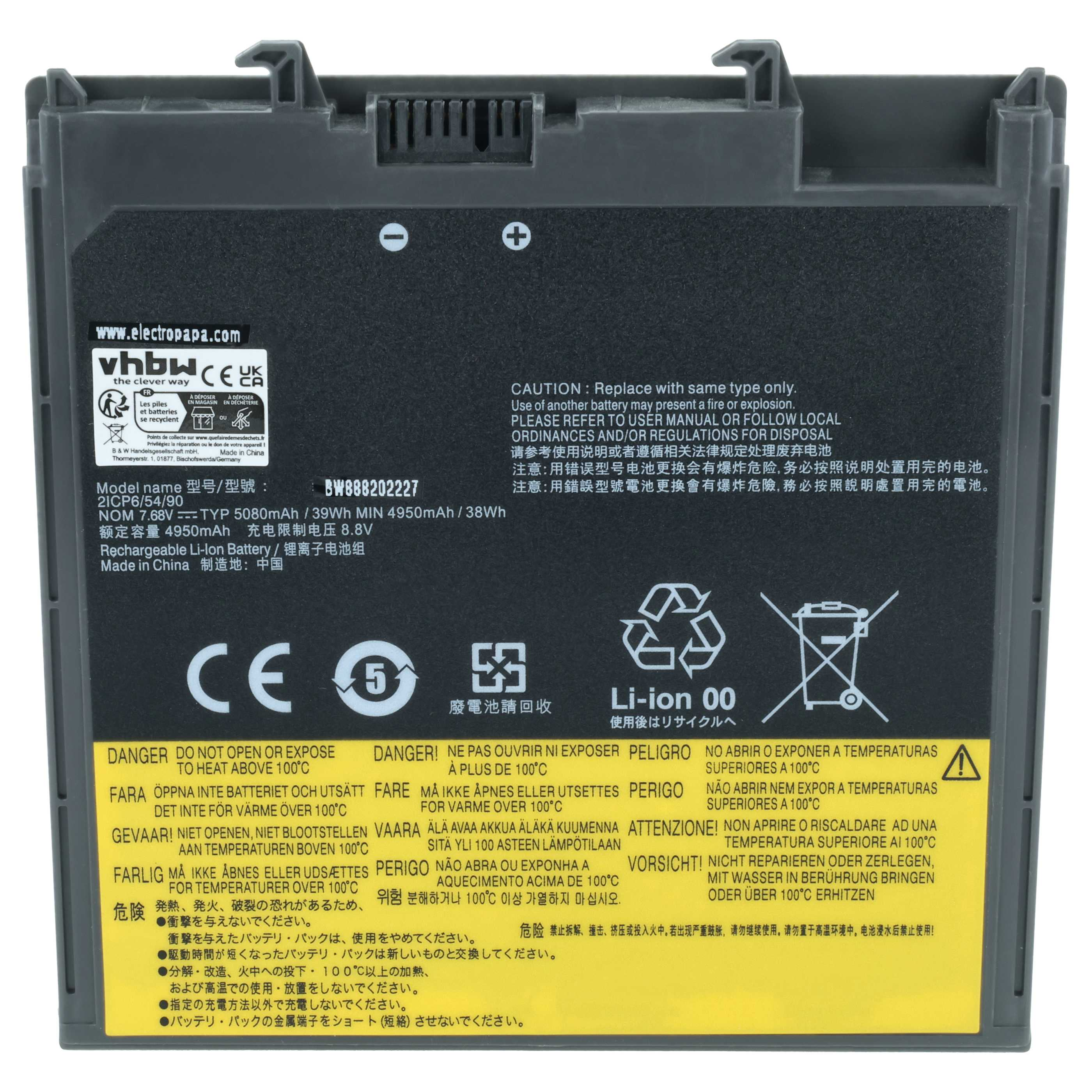 Grauer Lithium-Ionen-Akku mit Warnhinweisen und Recycling-Symbolen.