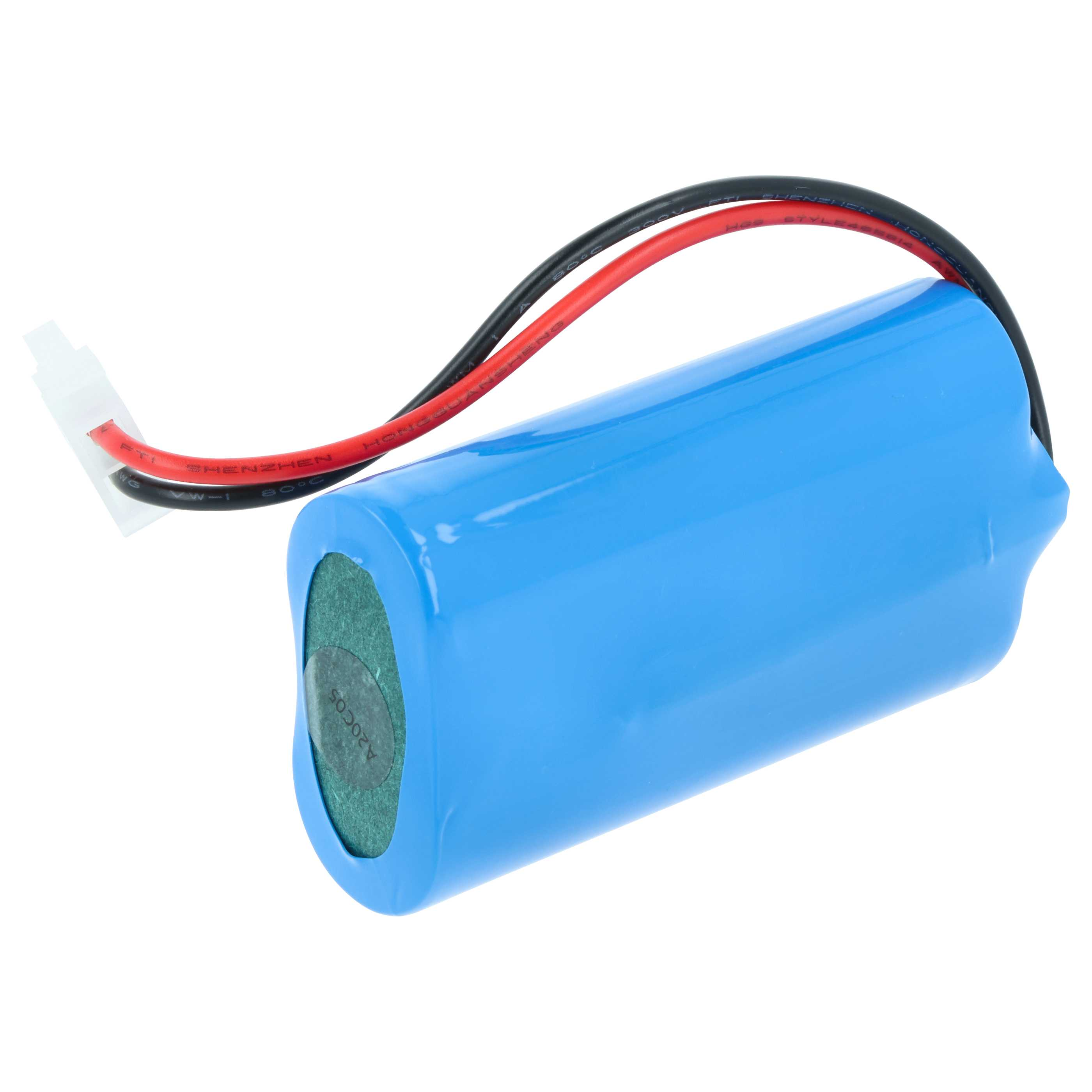 Blaue Batterie mit rotem und schwarzem Kabel, weißem Stecker.