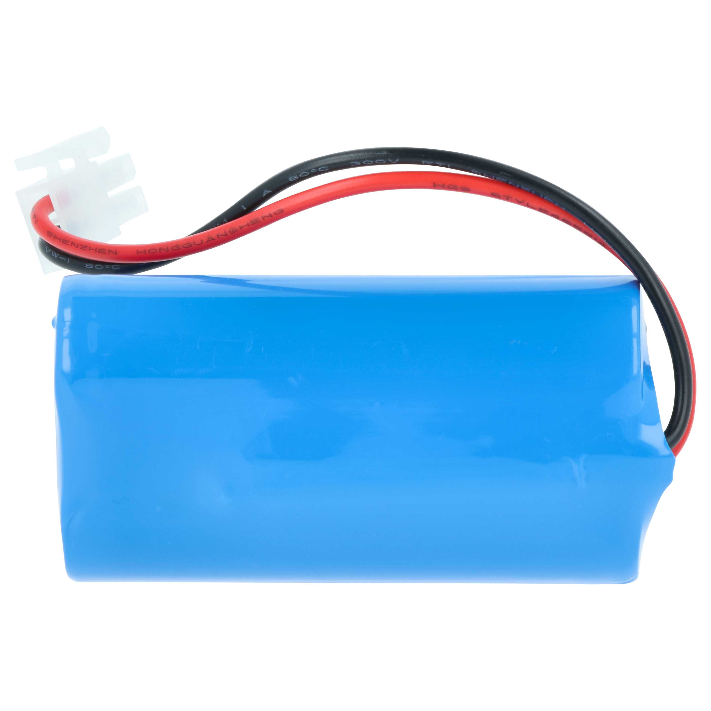 Ein blaues Akkupack mit roten und schwarzen Kabeln und einem weißen Stecker.