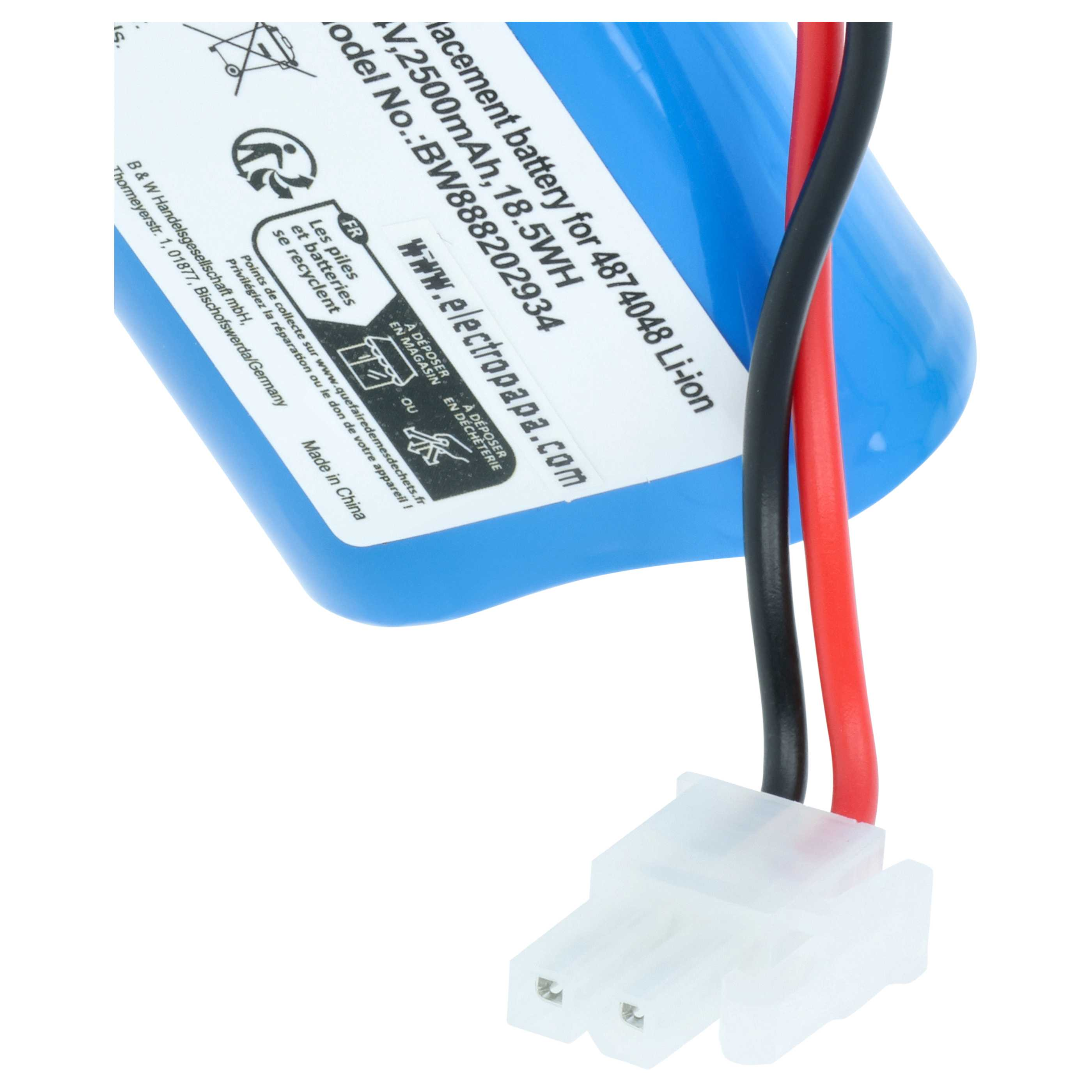 Blauer Li-Ionen-Akku mit Kabeln und weißem Stecker. Etikett mit Details.