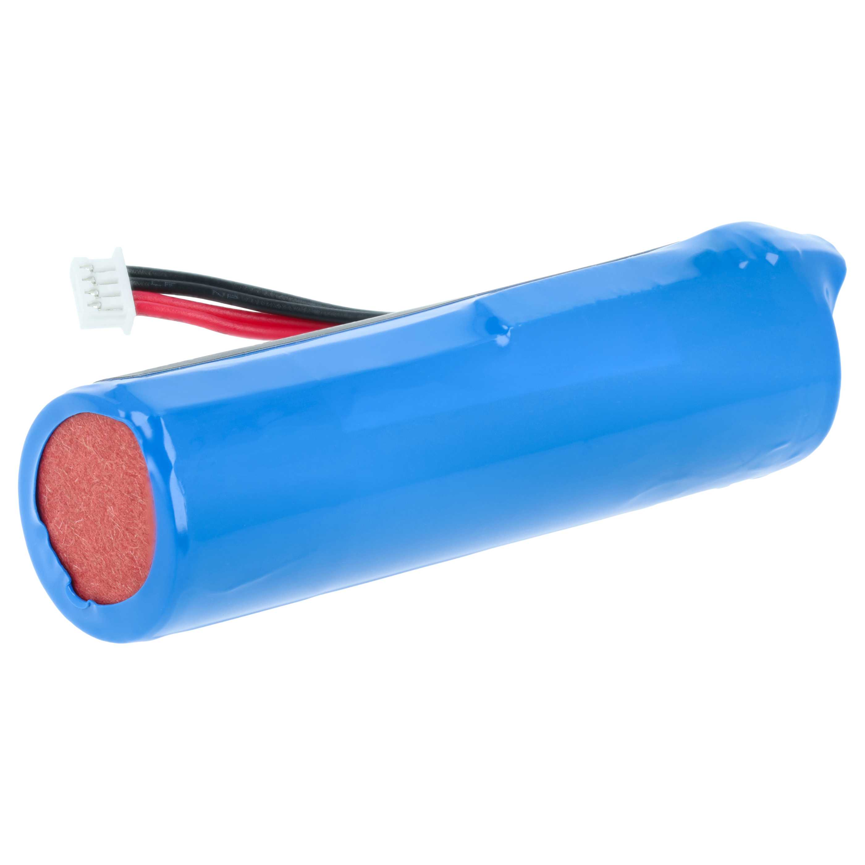 Ein blaues Akkupack mit roten und schwarzen Kabeln und einem weißen Stecker.