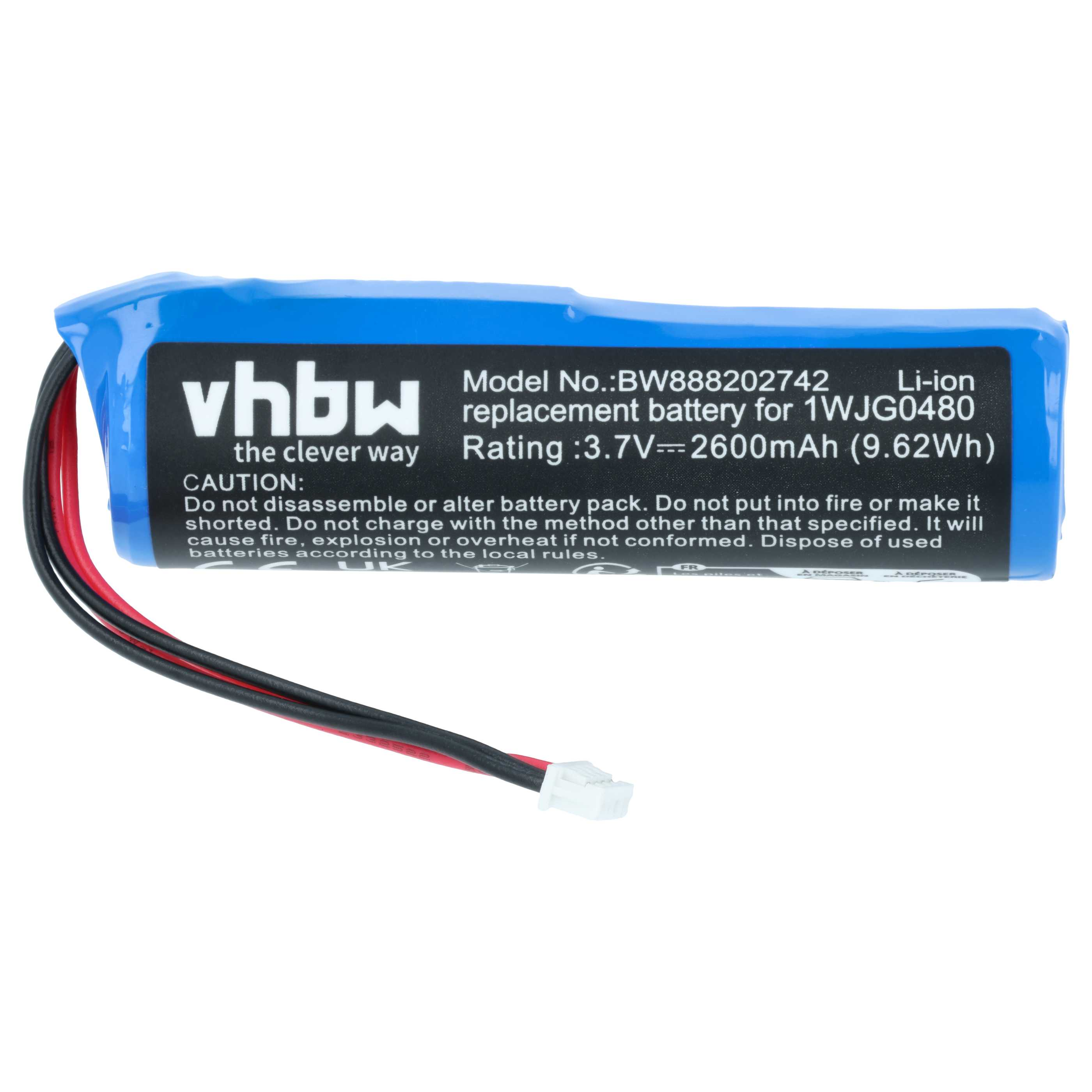 Blauer Lithium-Ionen-Akku mit Kabeln und weißem Stecker. Modell BW888202742.