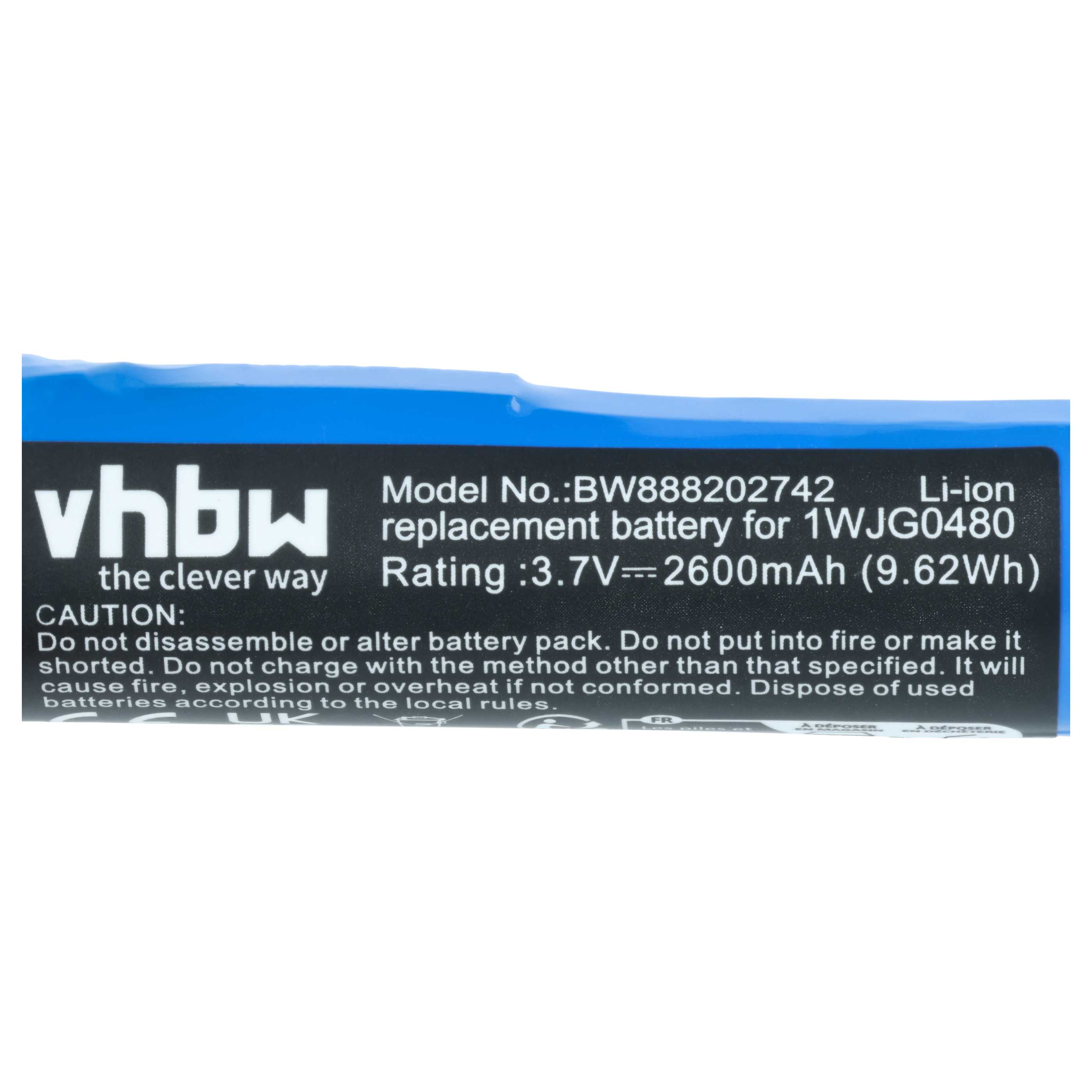 VHBW Li-Ion Ersatzakku, 3,7V, 2600mAh. Vorsicht: Nicht zerlegen.
