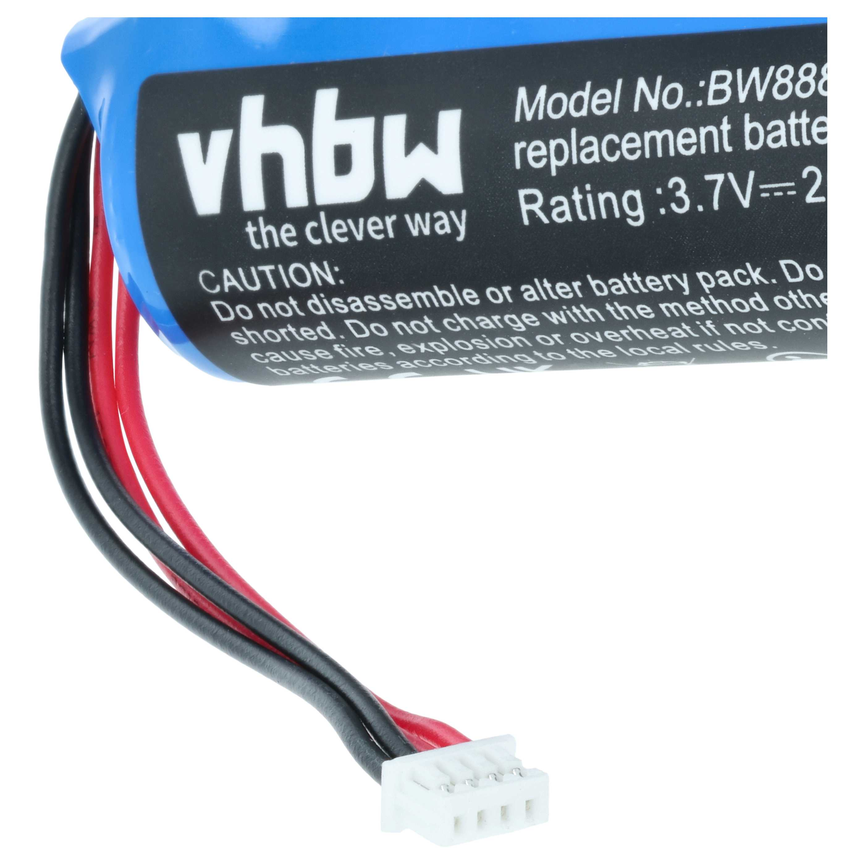 Blauer Akku mit Kabeln und weißem Stecker. Modell BW888, 3,7V.