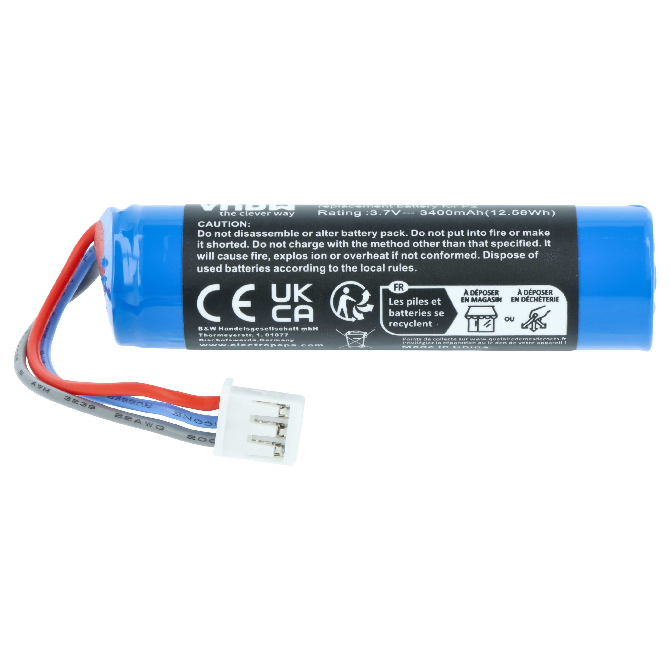 Blauer Akku mit roten, blauen und grauen Kabeln und einem weißen Stecker.