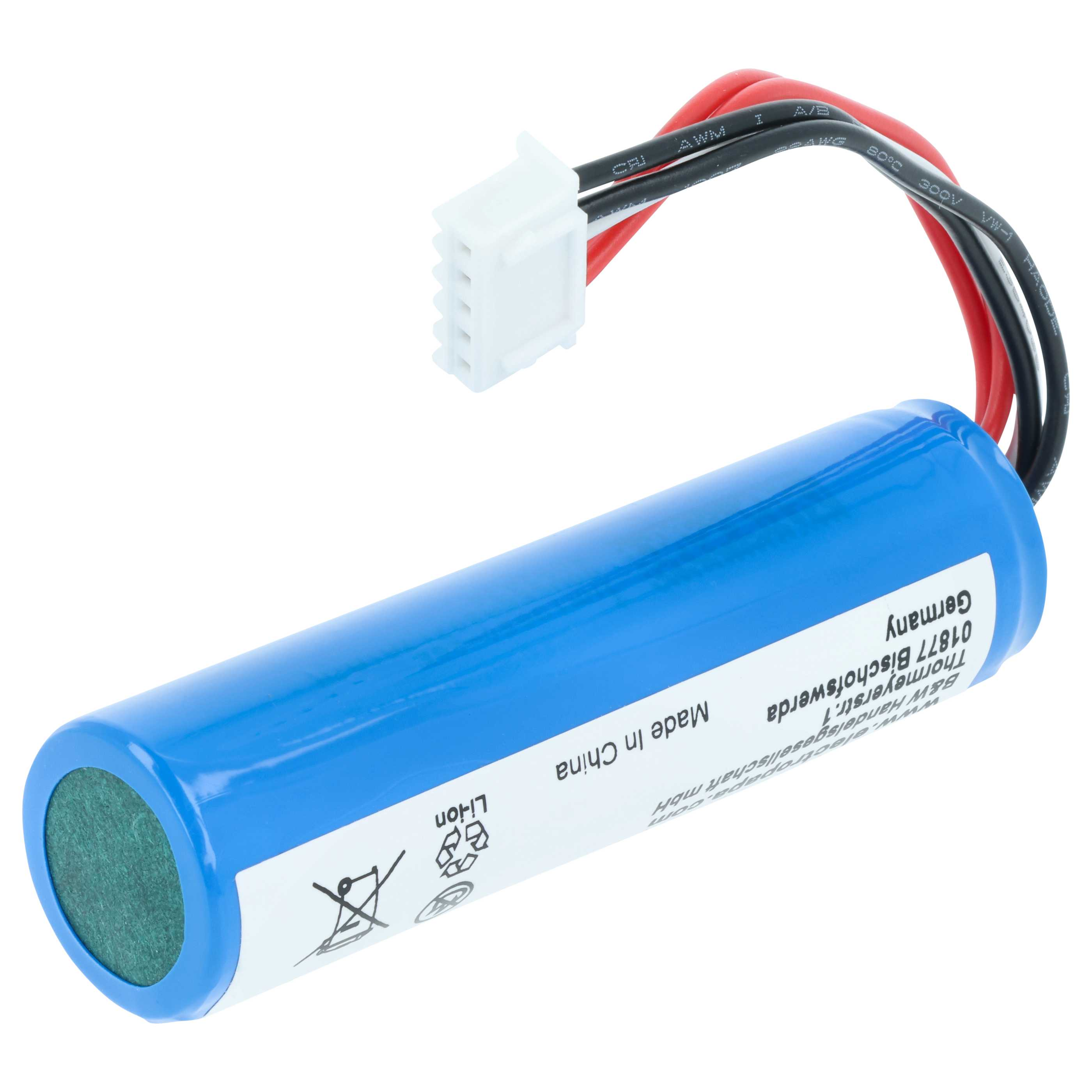 Eine blaue Li-Ion-Batterie mit Kabeln und einem weißen Anschluss auf weißem Hintergrund.