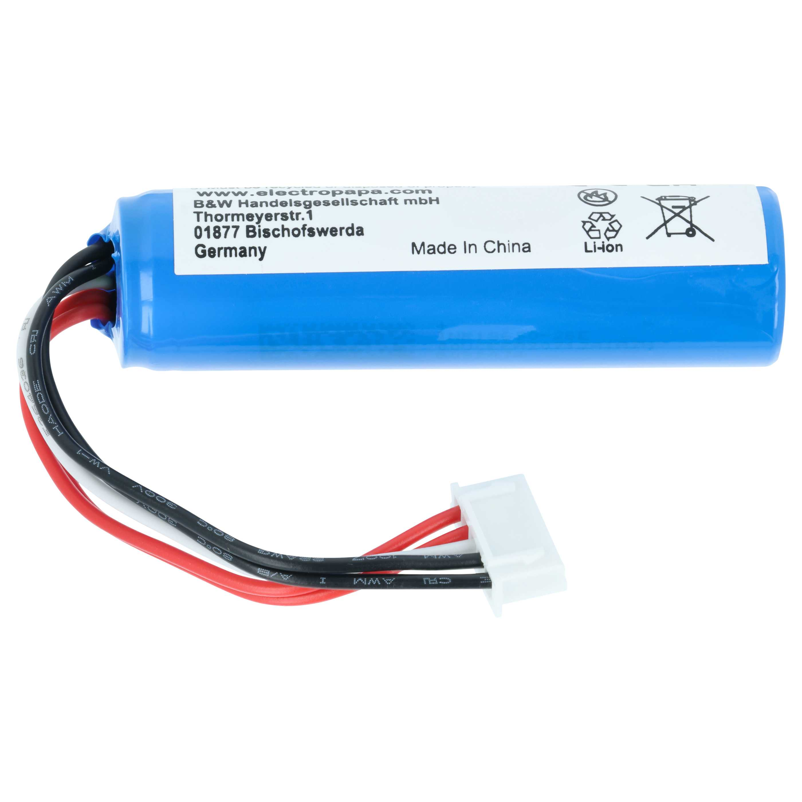 Blauer Li-Ion Akku mit Kabeln und Stecker, Made in China.