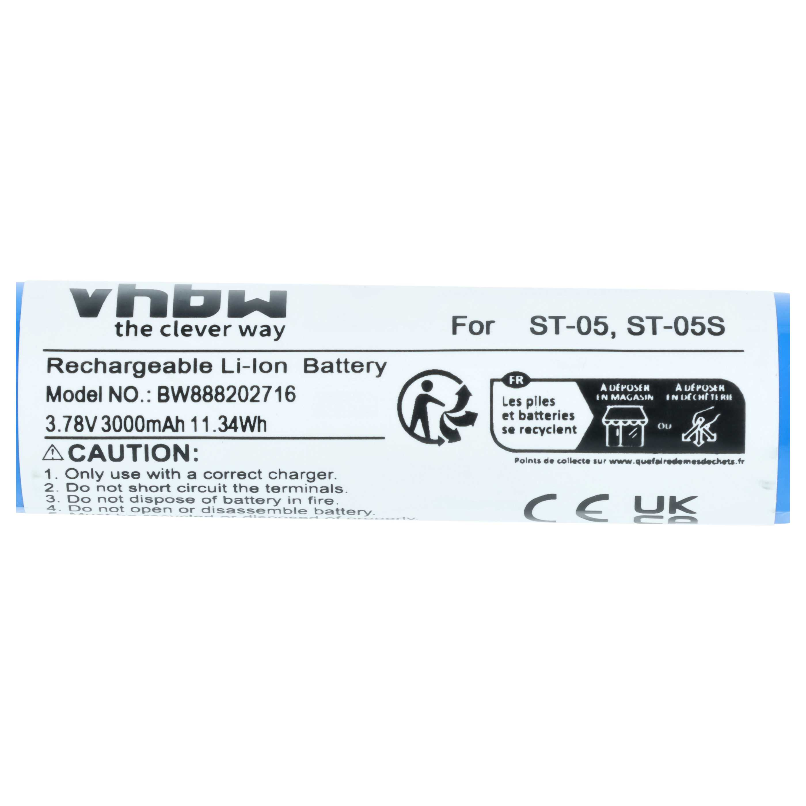 vhbw Li-Ion Akku 3.78V 3000mAh für ST-05, ST-05S. Warnhinweise beachten.