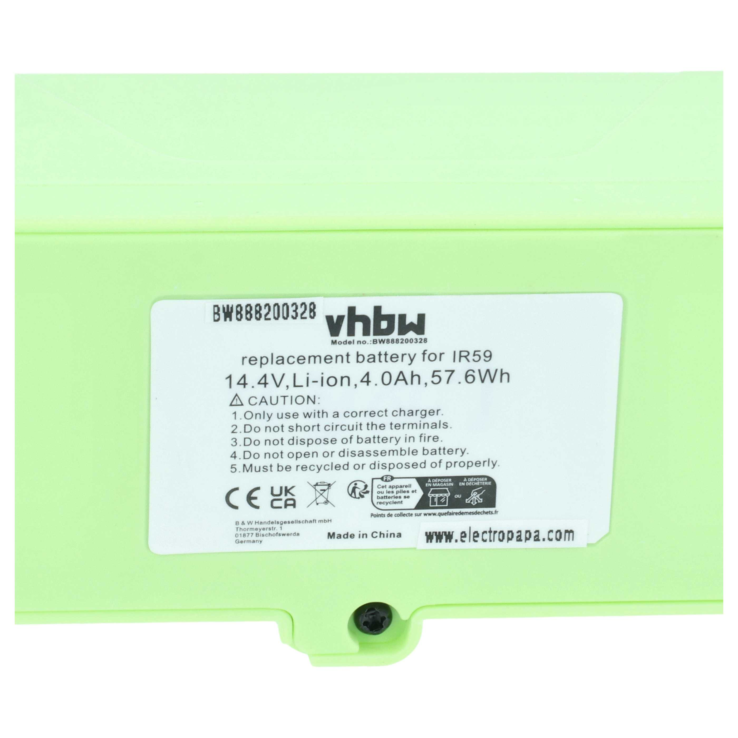 Ersatzakku für IR59, 14,4V, Li-Ion, 4,0Ah, 57,6Wh. Mit Warnhinweisen.