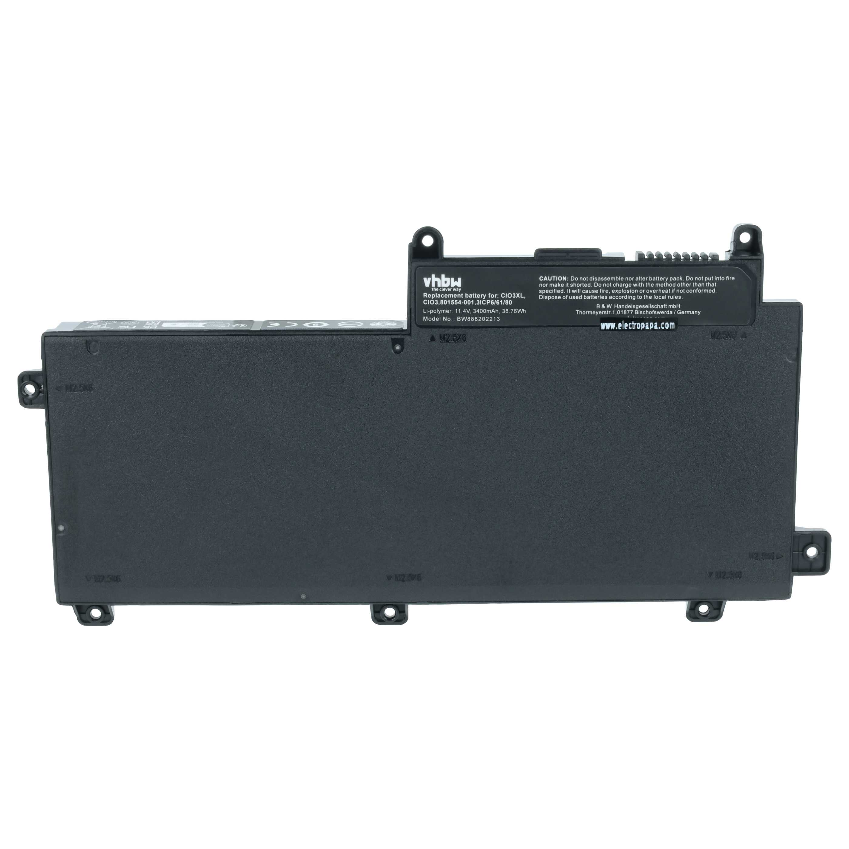 Schwarzer Laptop-Akku mit Beschriftungen wie vhbw und Warnhinweisen.