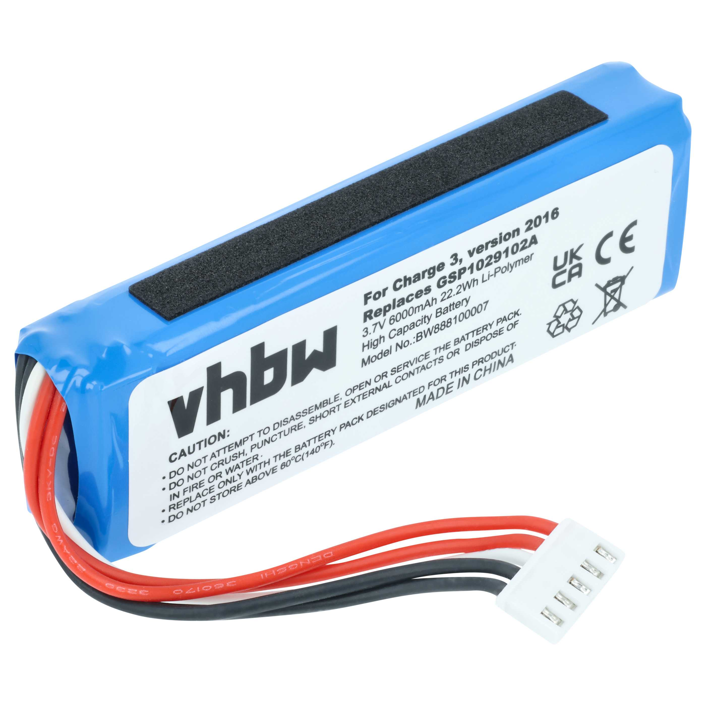 Blauer Li-Polymer-Akku mit Kabeln und Beschriftung, 3,7V 6000mAh.