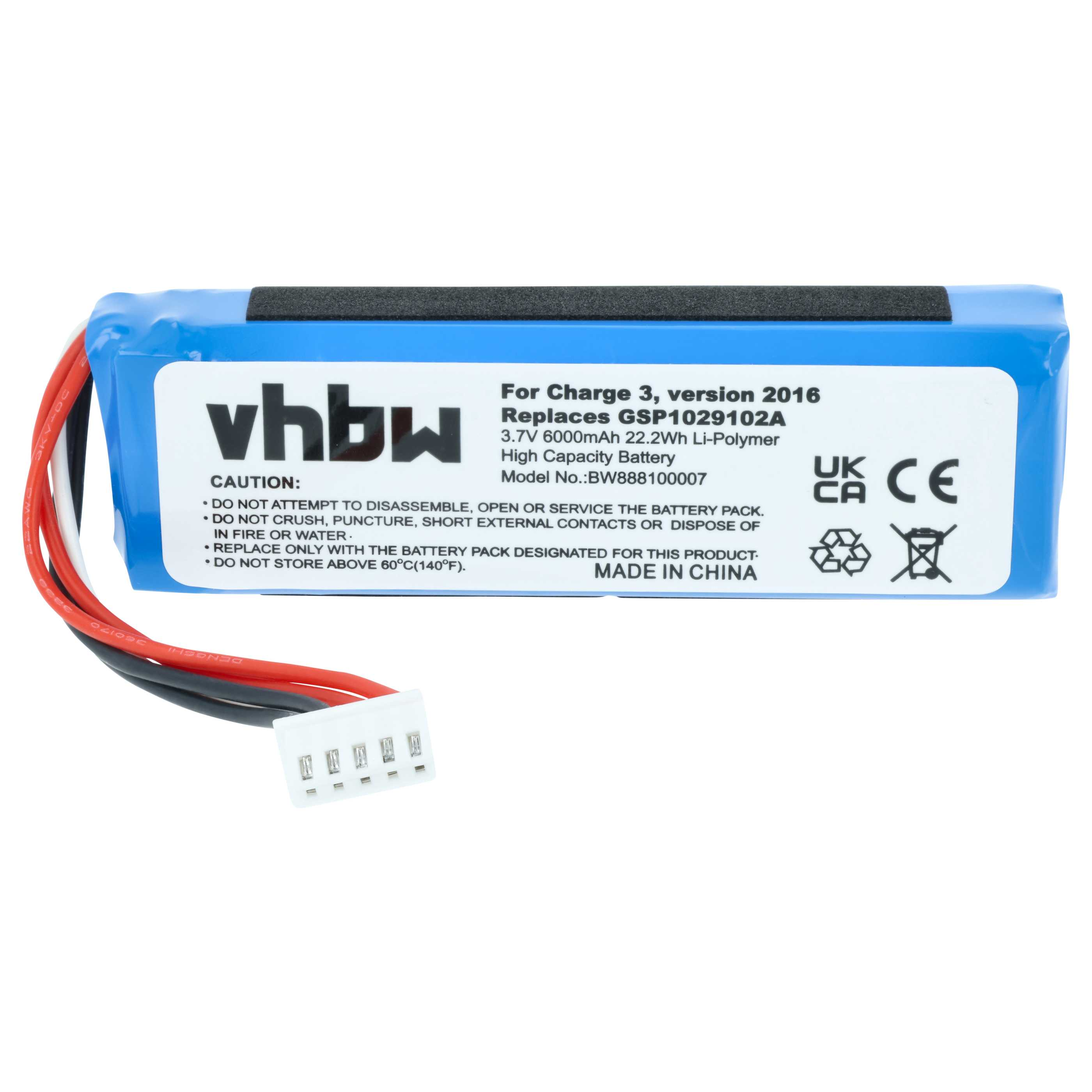 Blauer Li-Polymer-Akku mit Kabeln und Beschriftung, 3,7V 6000mAh.
