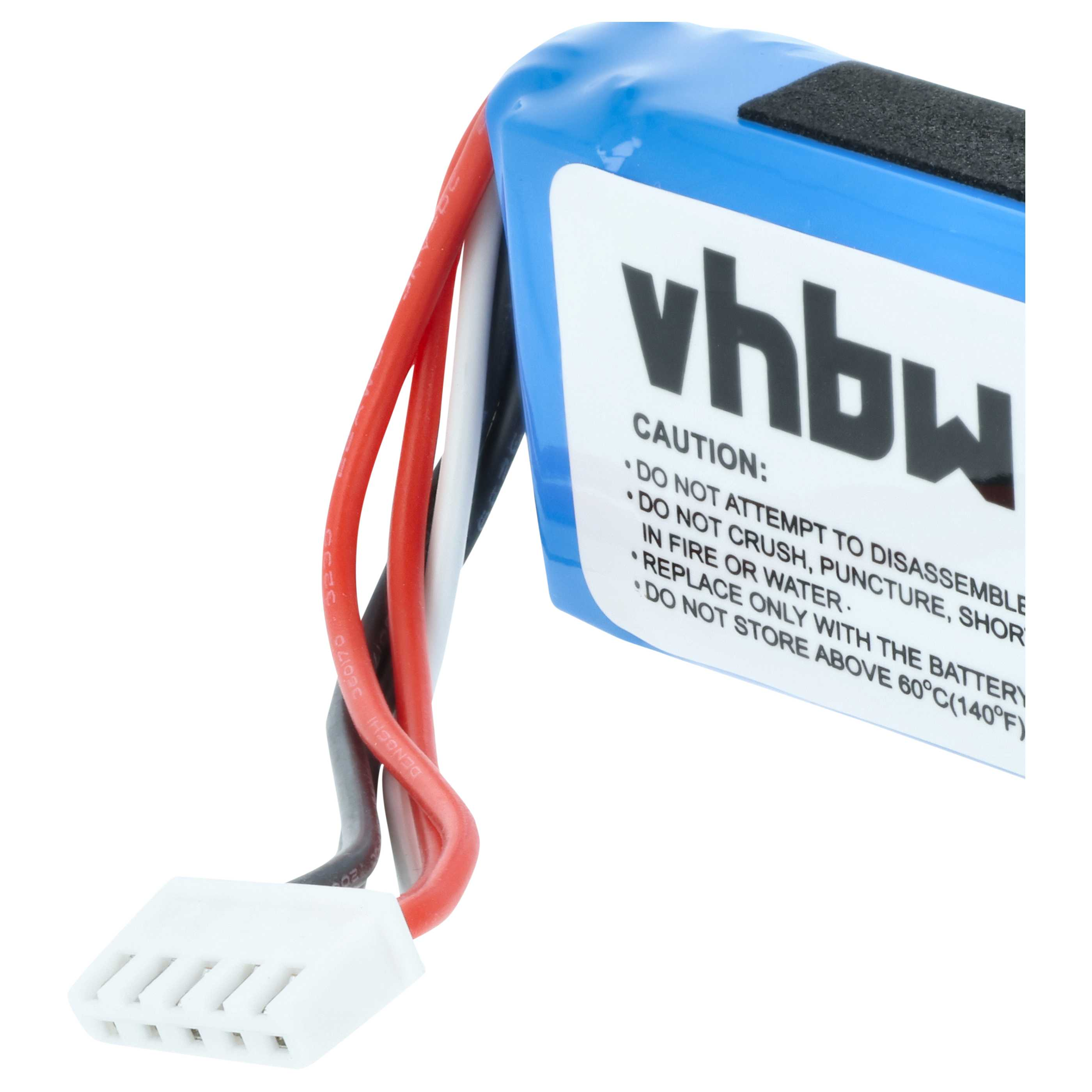 Ein blauer Akku mit schwarzen und roten Kabeln und einem weißen Stecker.