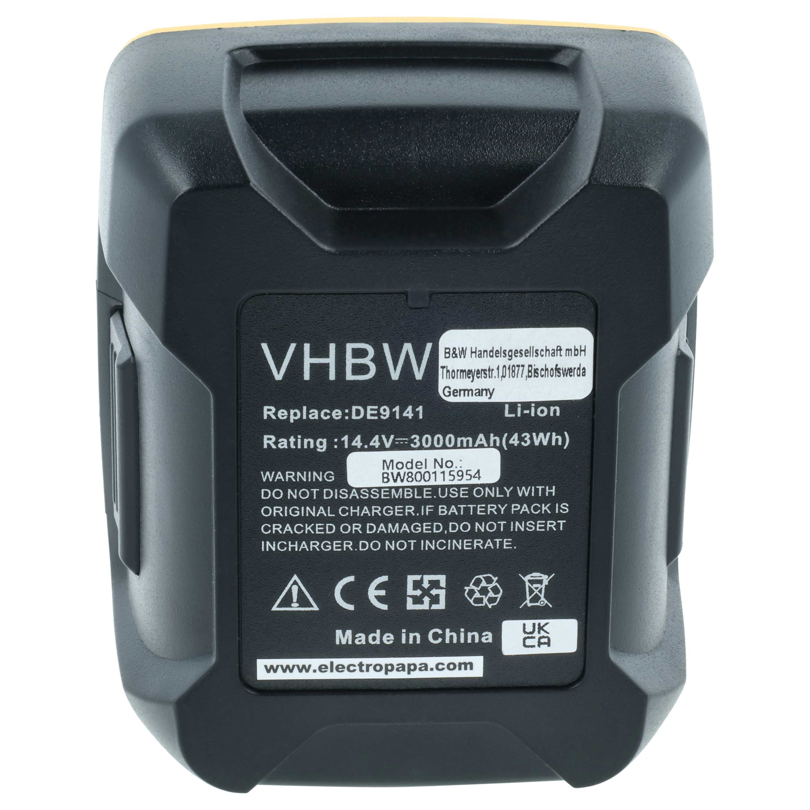 Schwarzer Lithium-Ionen-Akku mit Aufschriften, 14,4V, 3000mAh.