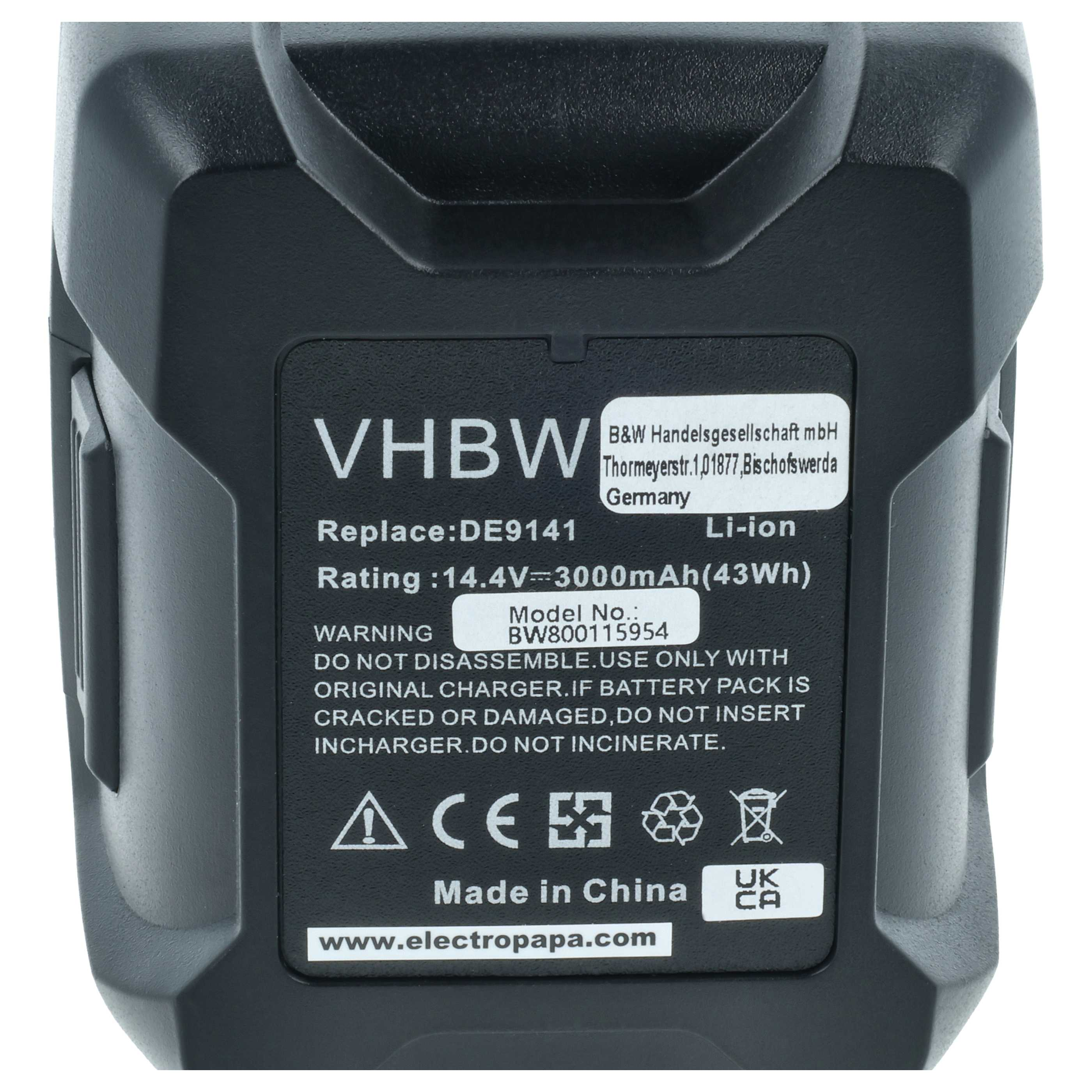 Schwarzer Akku mit Aufkleber: VHBW, 14,4V, 3000mAh, Made in China.