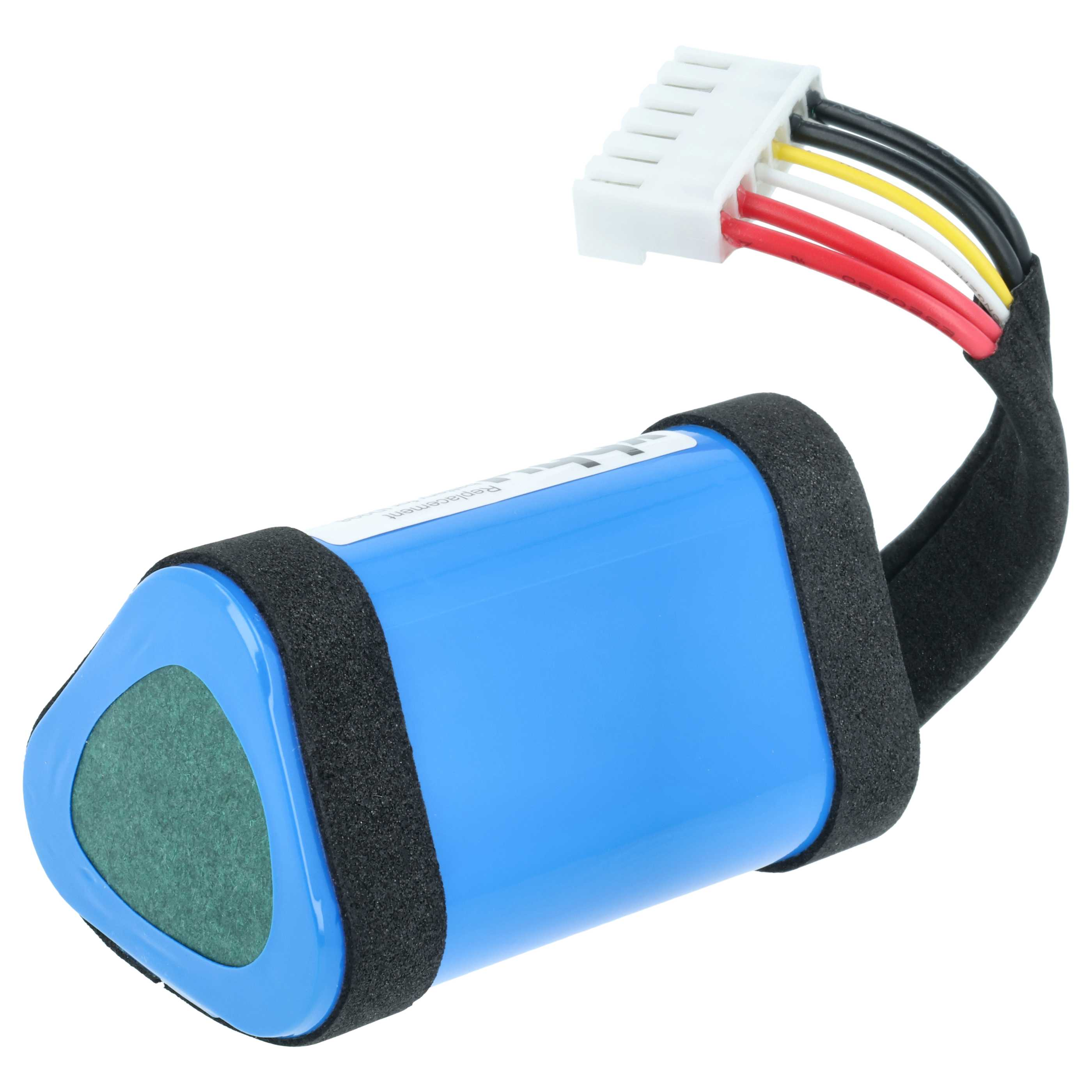 Blauer Akku mit schwarzem Kabelbinder und weißem Stecker mit vier Kabeln.