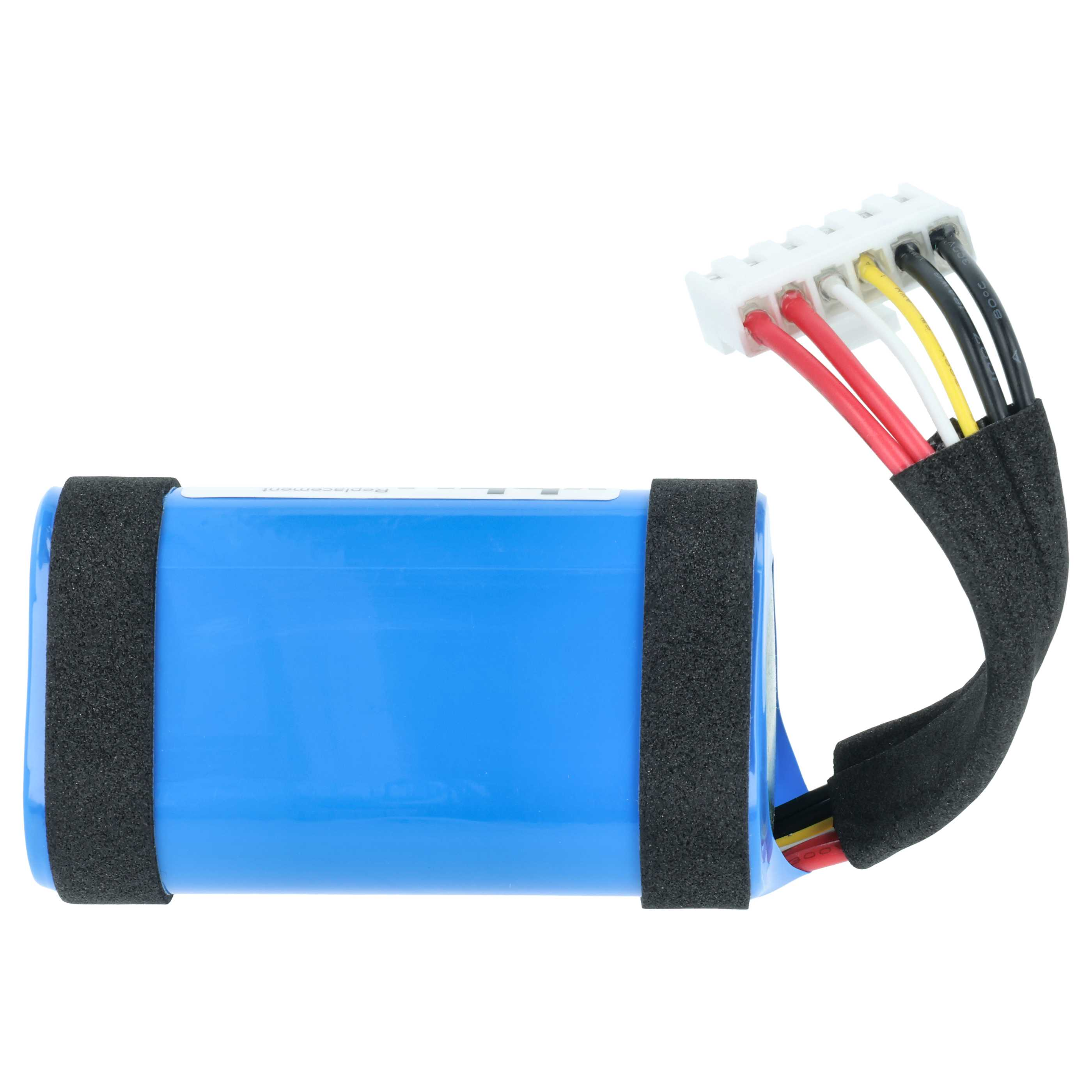 Blauer Akku mit schwarzem Schaumstoffband und Kabeln mit weißem Stecker.