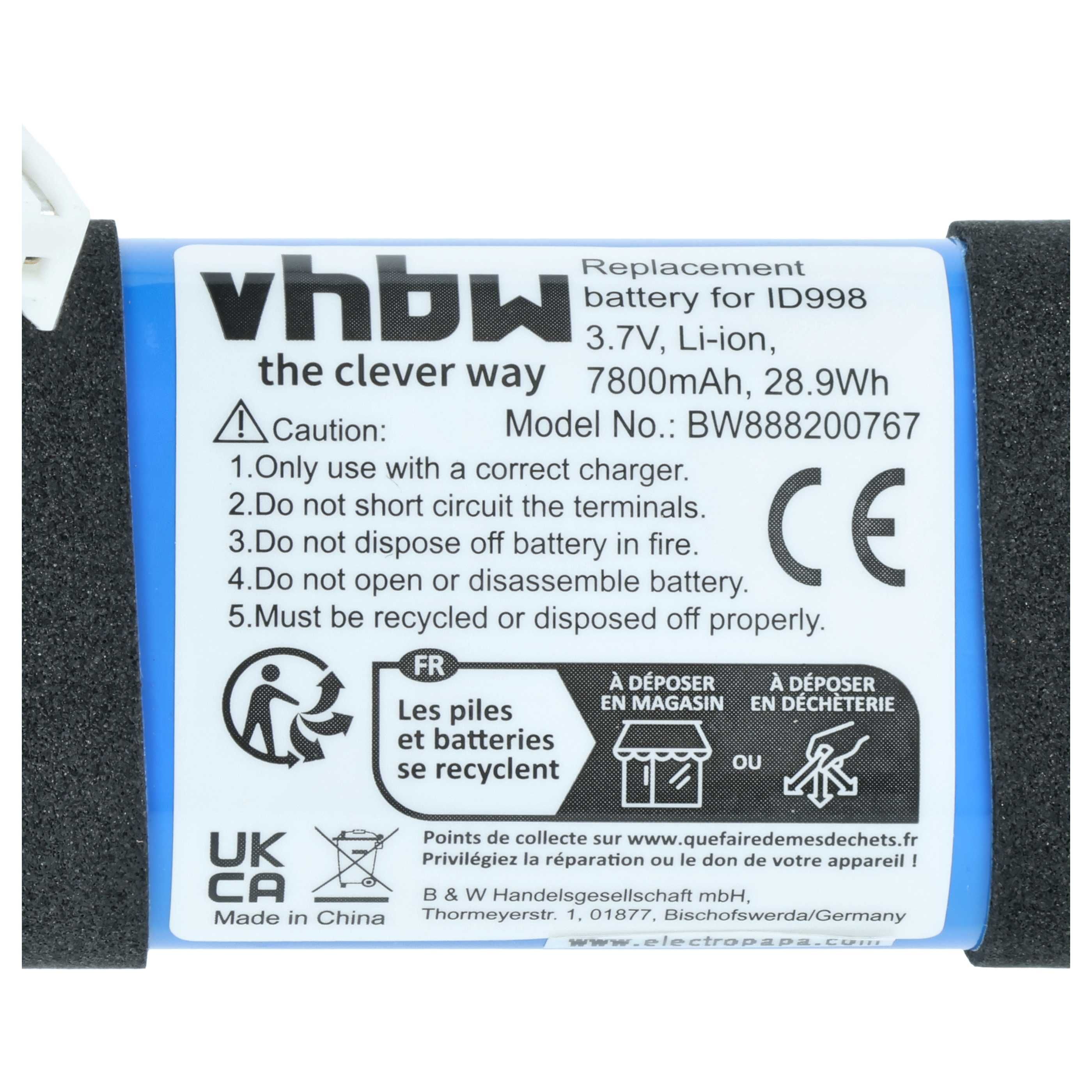 Ein blaues Vhbw Li-Ion Akku für ID998, 3,7V, 7800mAh, Made in China.