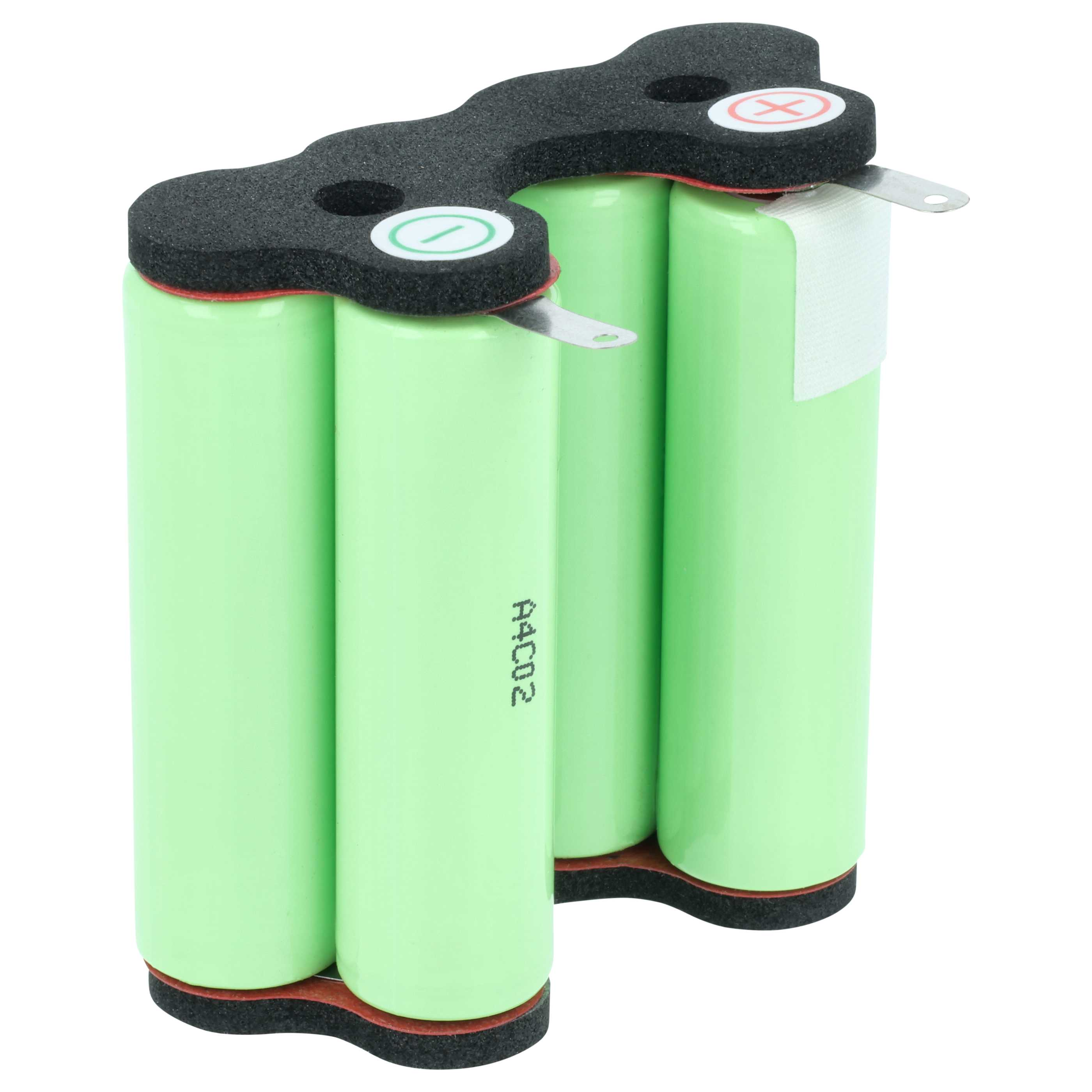 Grüne Batteriezellen mit schwarzen Halterungen und Metallanschlüssen.
