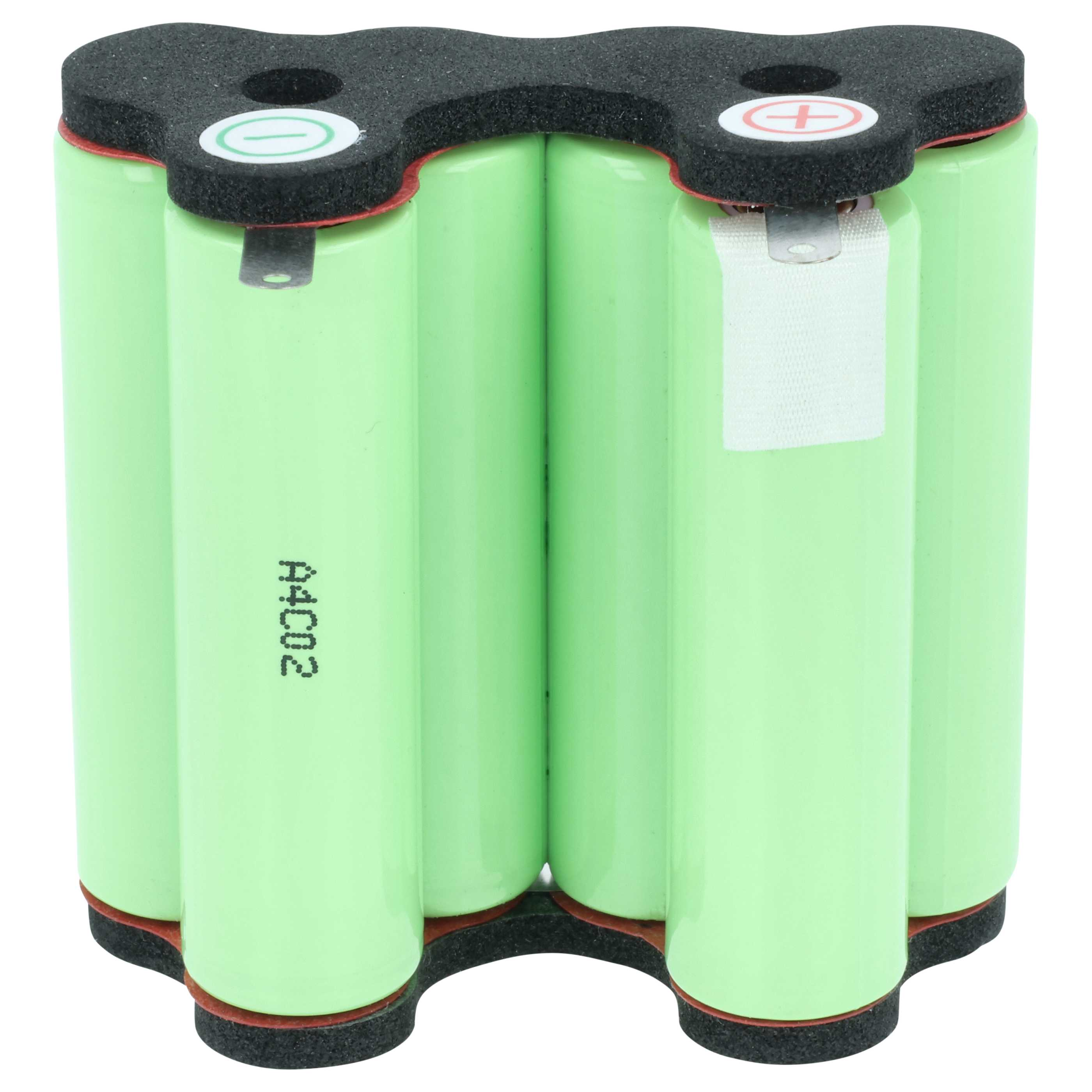 Ein Paket von sechs grünen AA-Batterien, die mit schwarzem Schaumstoff verbunden sind.