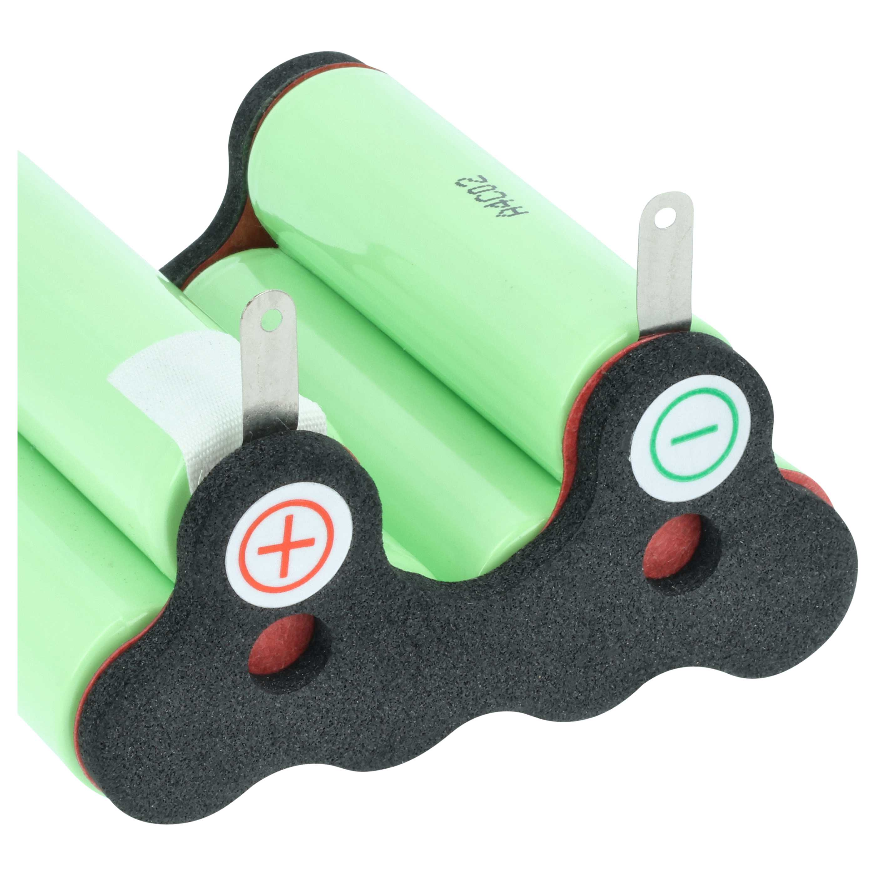 Grüne Batterien mit schwarzen Haltern und Plus-/Minus-Symbolen.