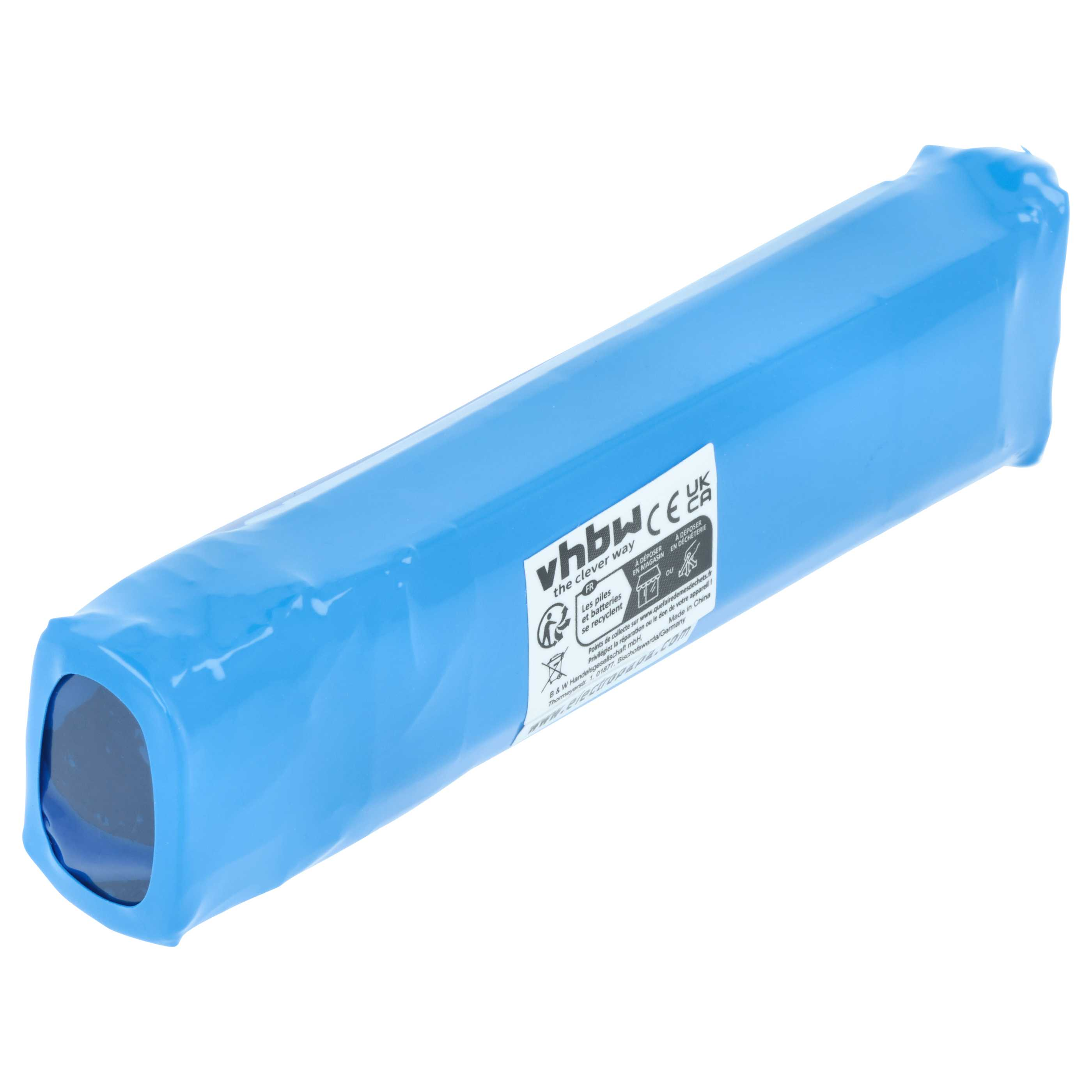 Eine blaue, zylindrische Batterie mit Etikett und CE-Zeichen.