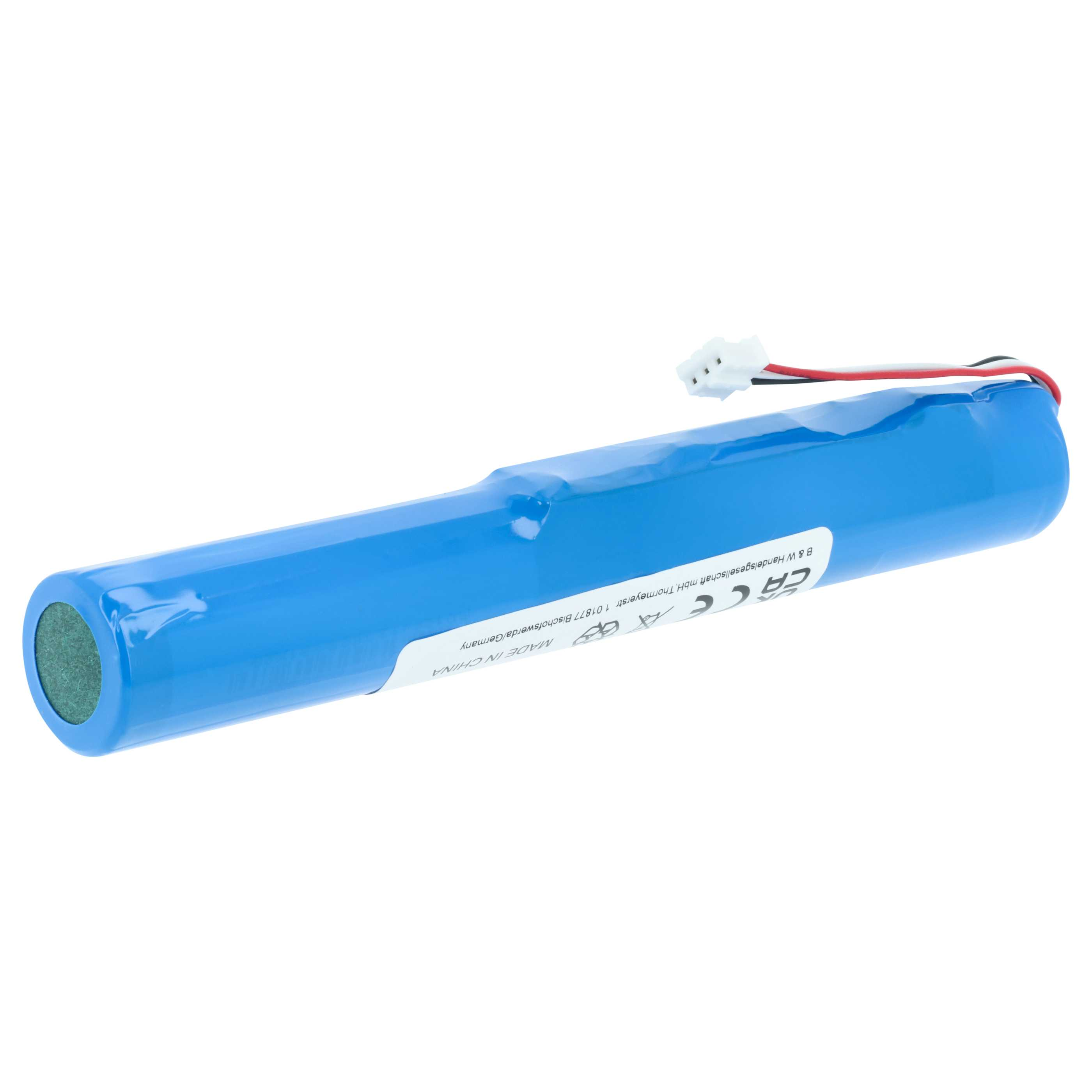 Ein blaues Akkupack mit weißem Stecker und Kabeln auf weißem Hintergrund.