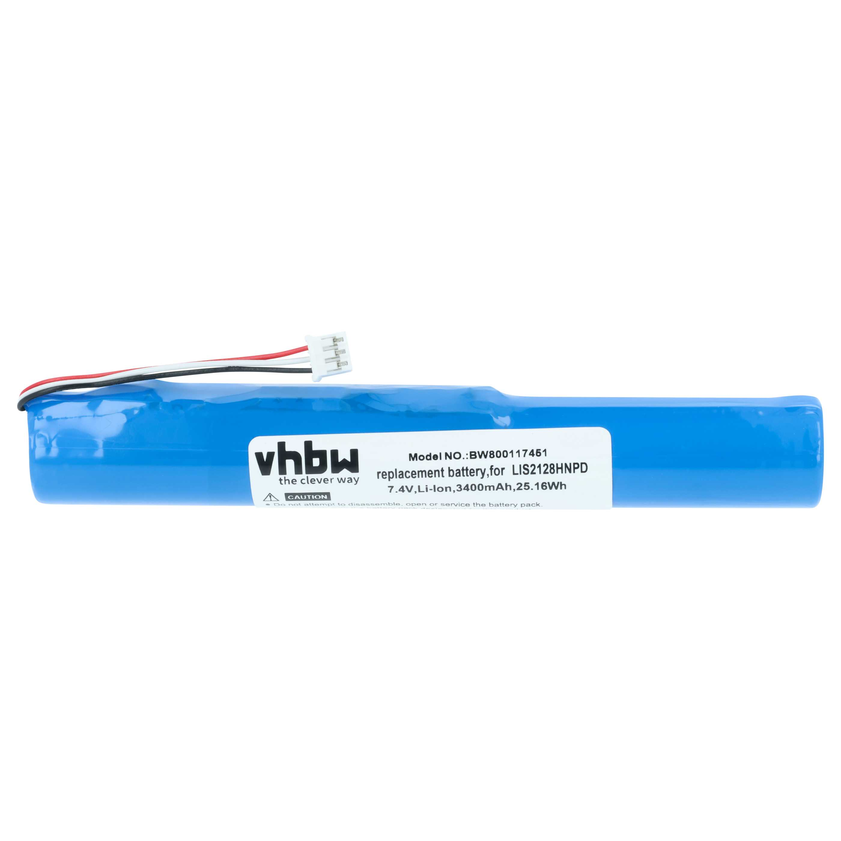 Blauer Akku mit Kabeln und Etikett: 7.4V, Li-Ion, 3400mAh.