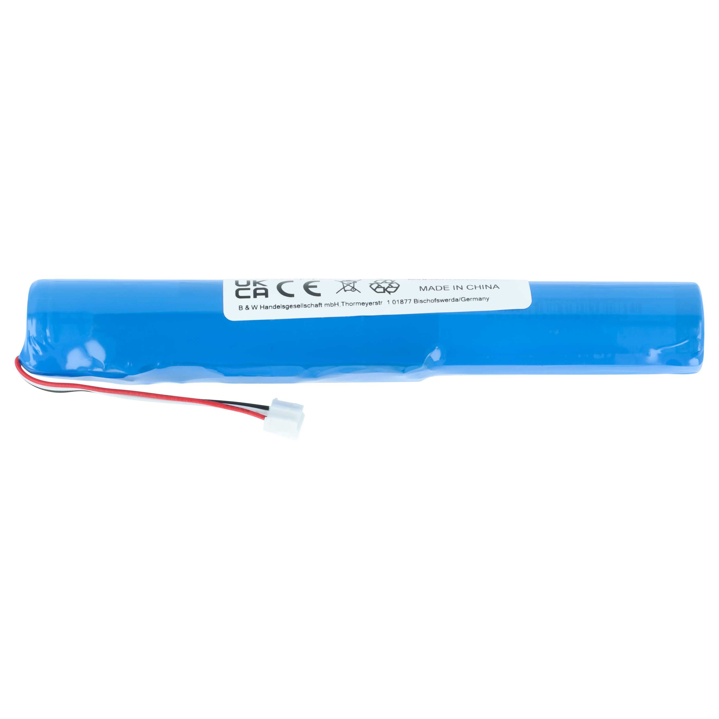 Eine blaue Batteriepackung mit Kabel und weißem Stecker, mit CE- und Recycling-Symbolen.