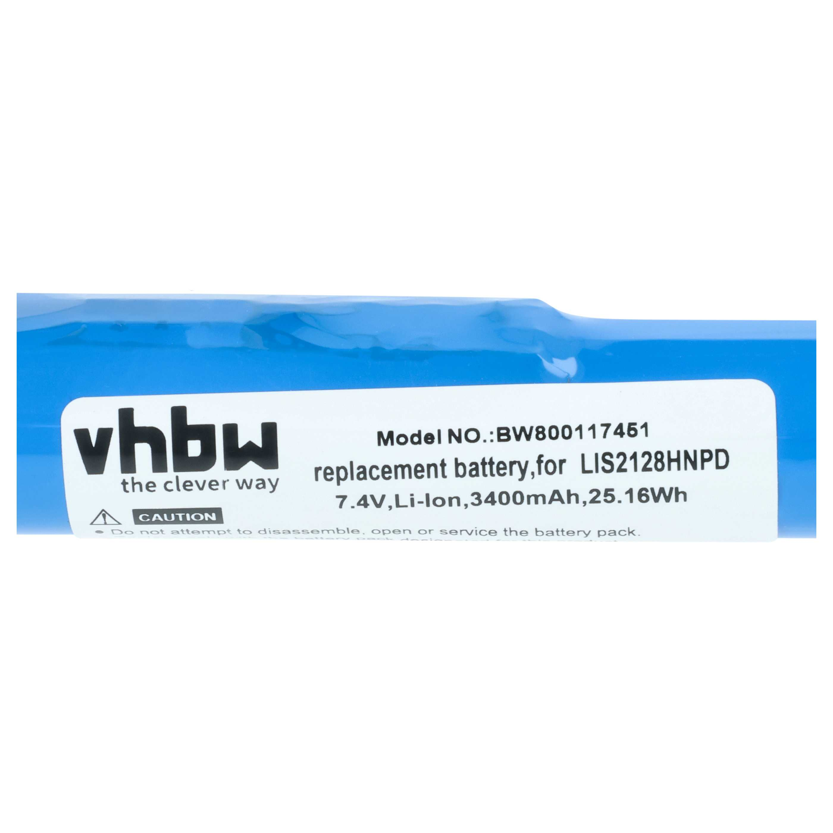 Blauer Akku mit weißem Etikett: Modell BW800117451, 7,4V Li-Ion.