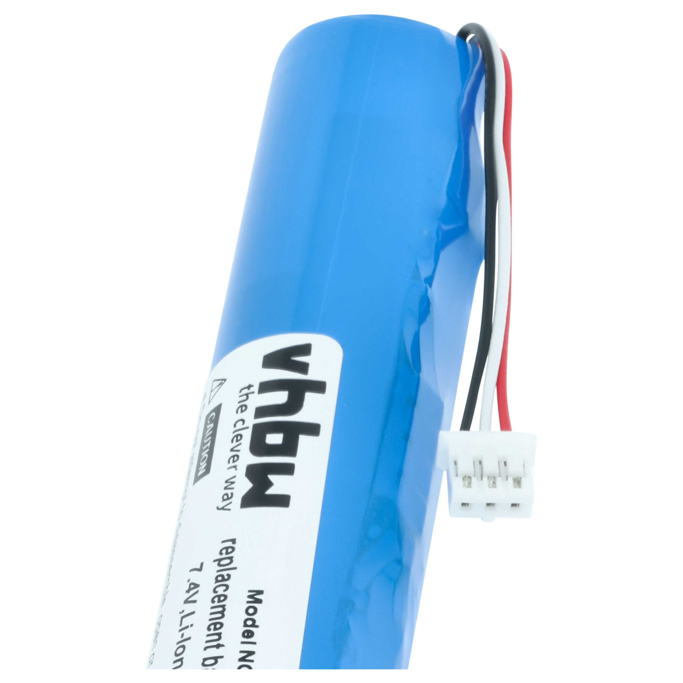 Blaue Batterie mit Etikett, Kabeln und weißem Stecker. 7,4V Li-Ion.