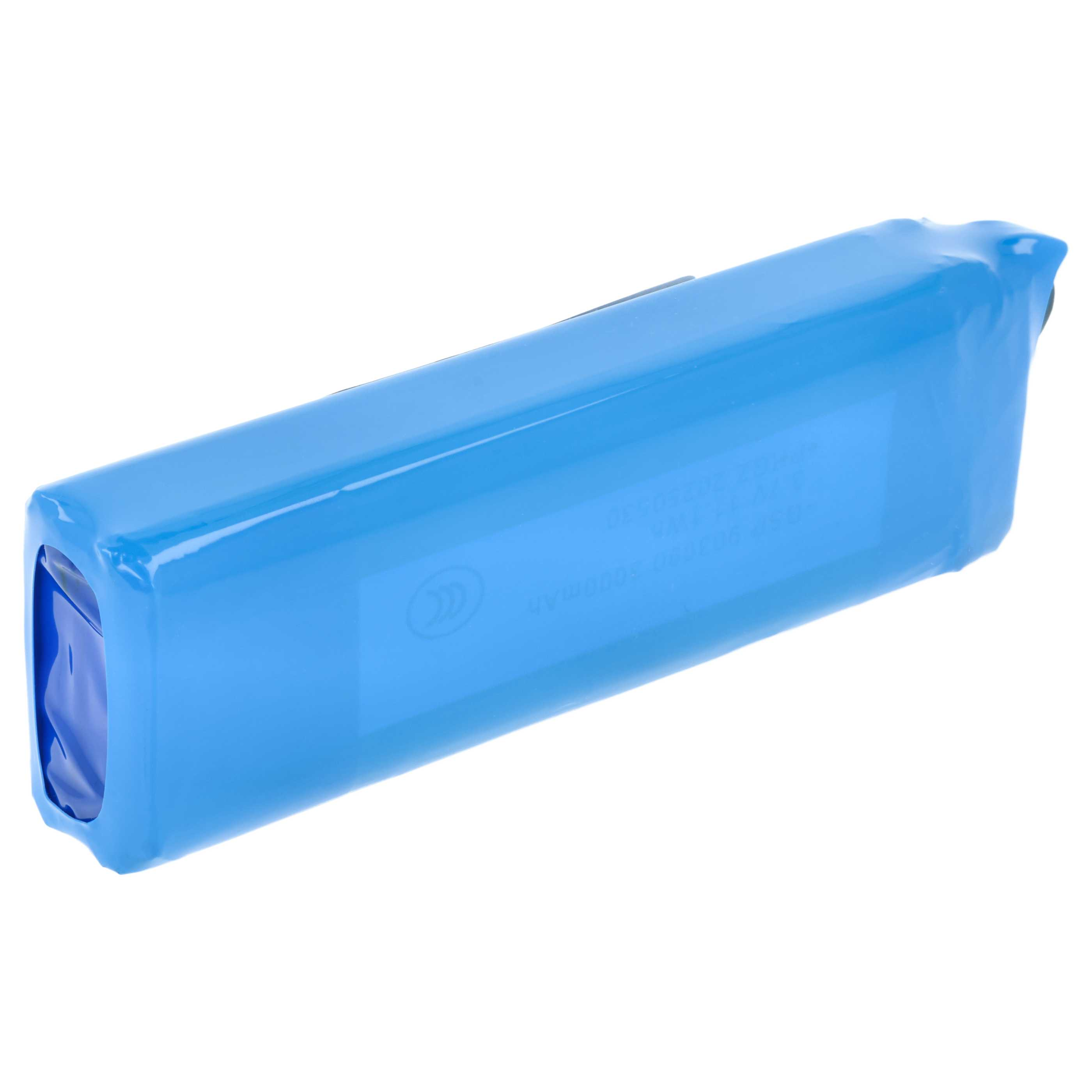 Ein blaues Akkupack mit Aufschriften auf weißem Hintergrund.