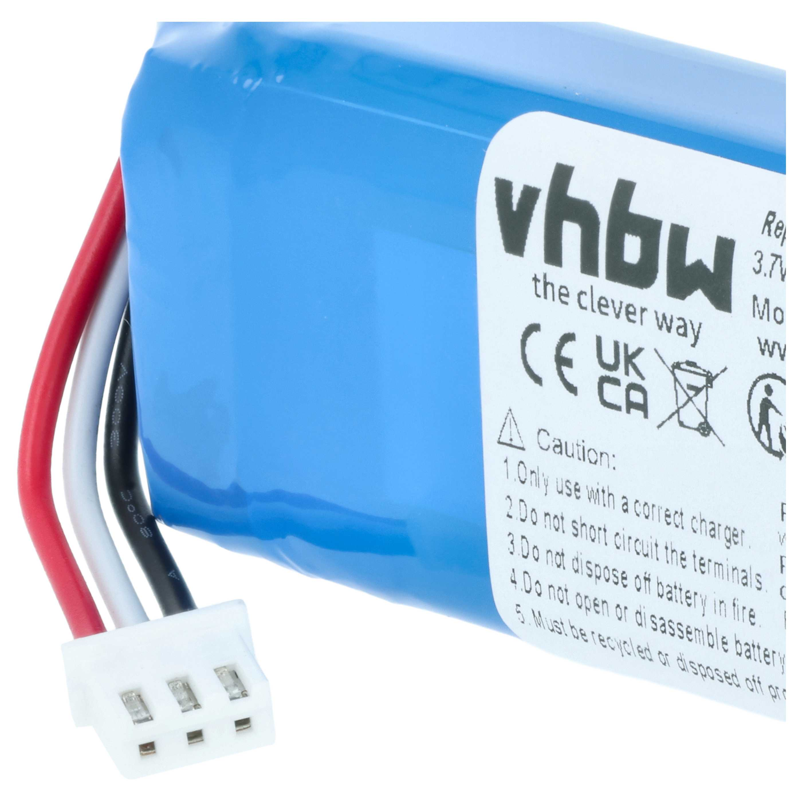 Ein blaues Akkupack mit drei Kabeln (rot, weiß, schwarz) und einem weißen Stecker.