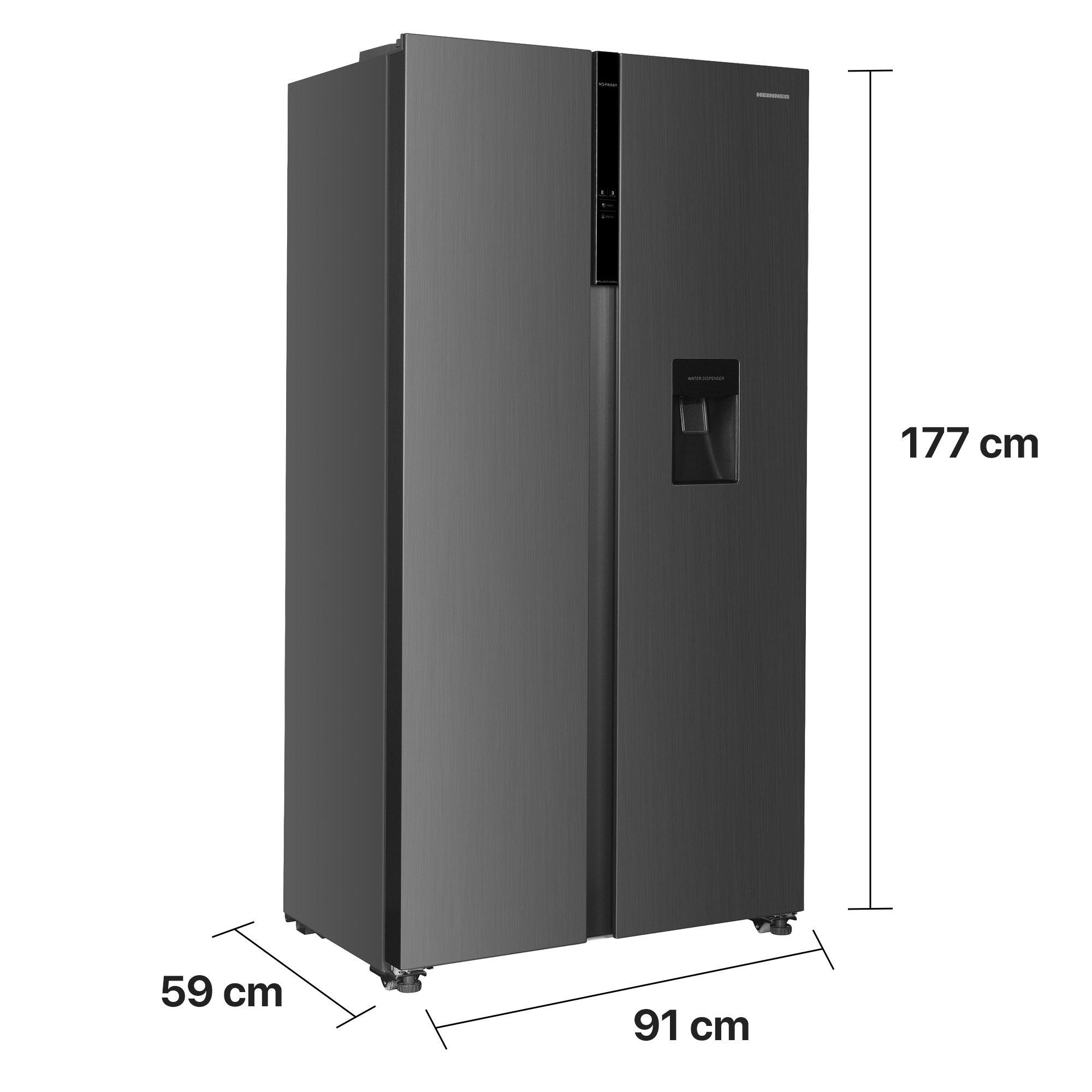 Een donkere koelkast met twee deuren, waterdispenser en afmetingen 177x91x59 cm.
