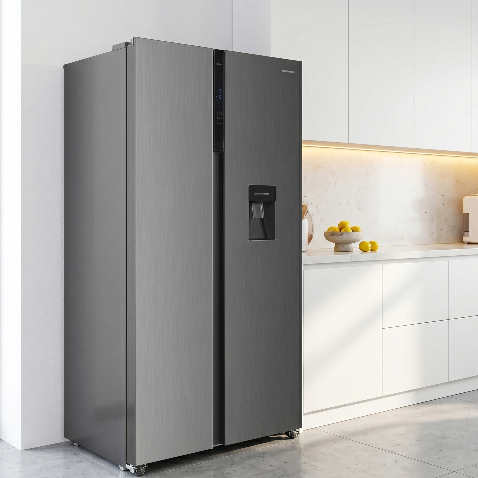 Grijze koelkast met dubbele deuren en waterdispenser in een moderne keuken.