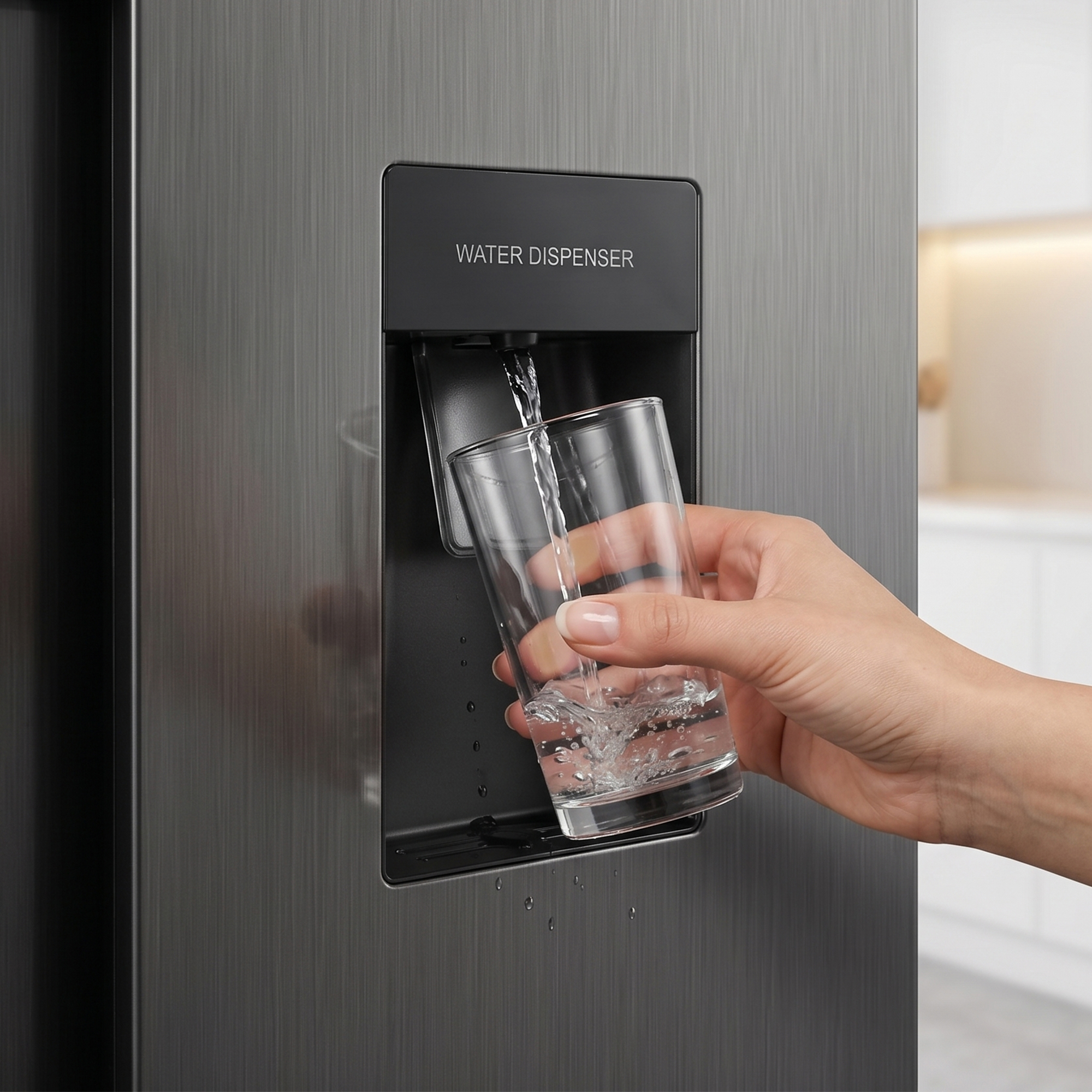 Een hand vult een glas met water uit een waterdispenser.